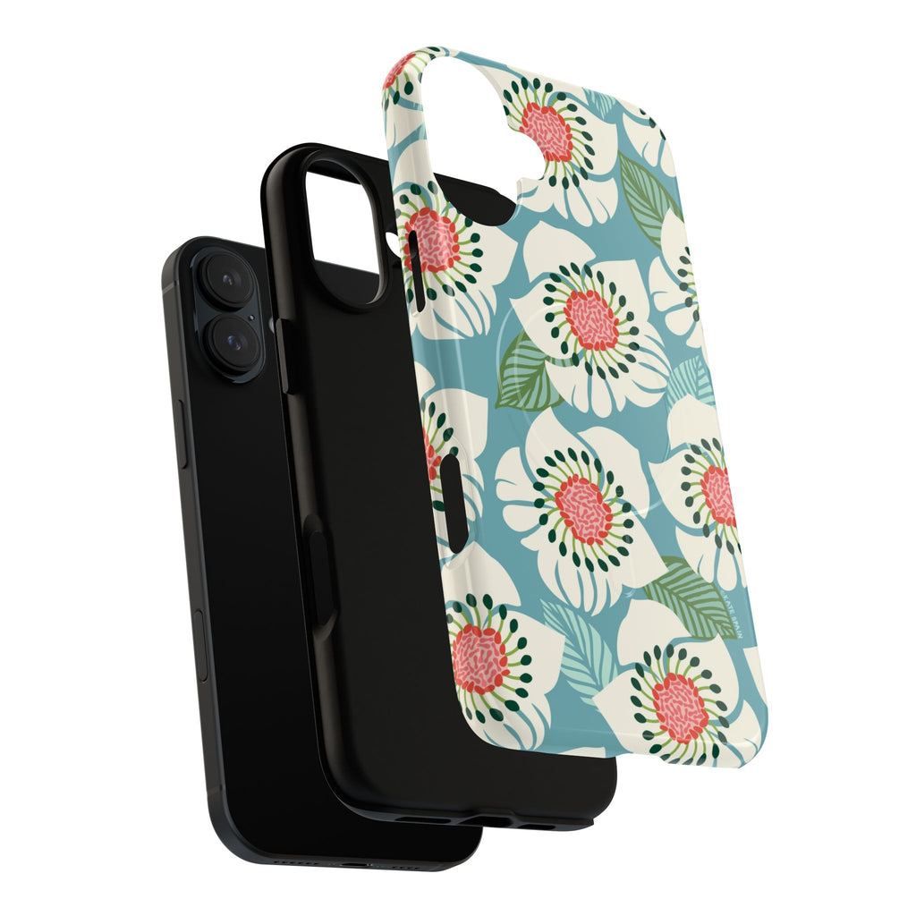 Panache MagSafe iPhone 17 Case – Dual-layered view of case and inner lining in front of phone, with view of camera cutout and buttons | sky blue, pale cream, pink anemone floral print