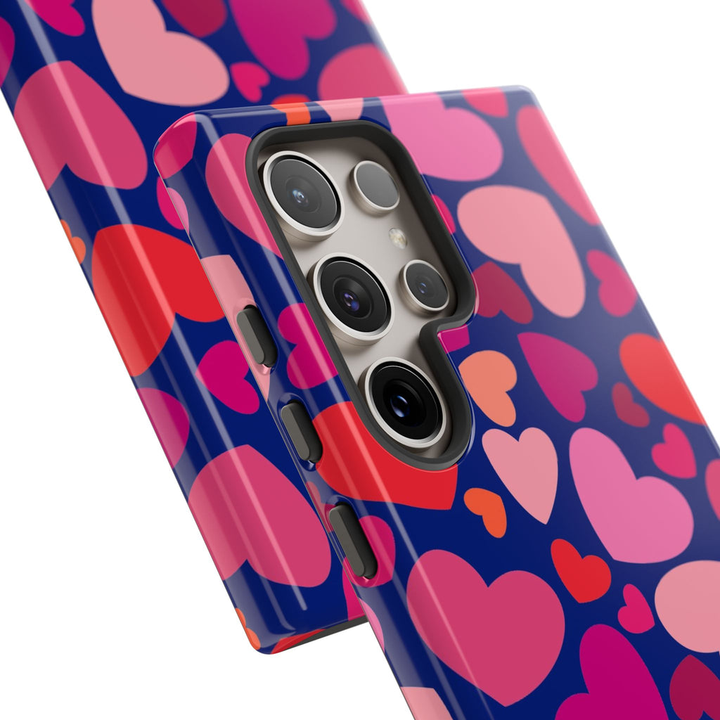 Hearts Samsung Galaxy S24 Ultra Case – angled view of 5 lenses of camera in the case | navy, pink, blush, red heart print