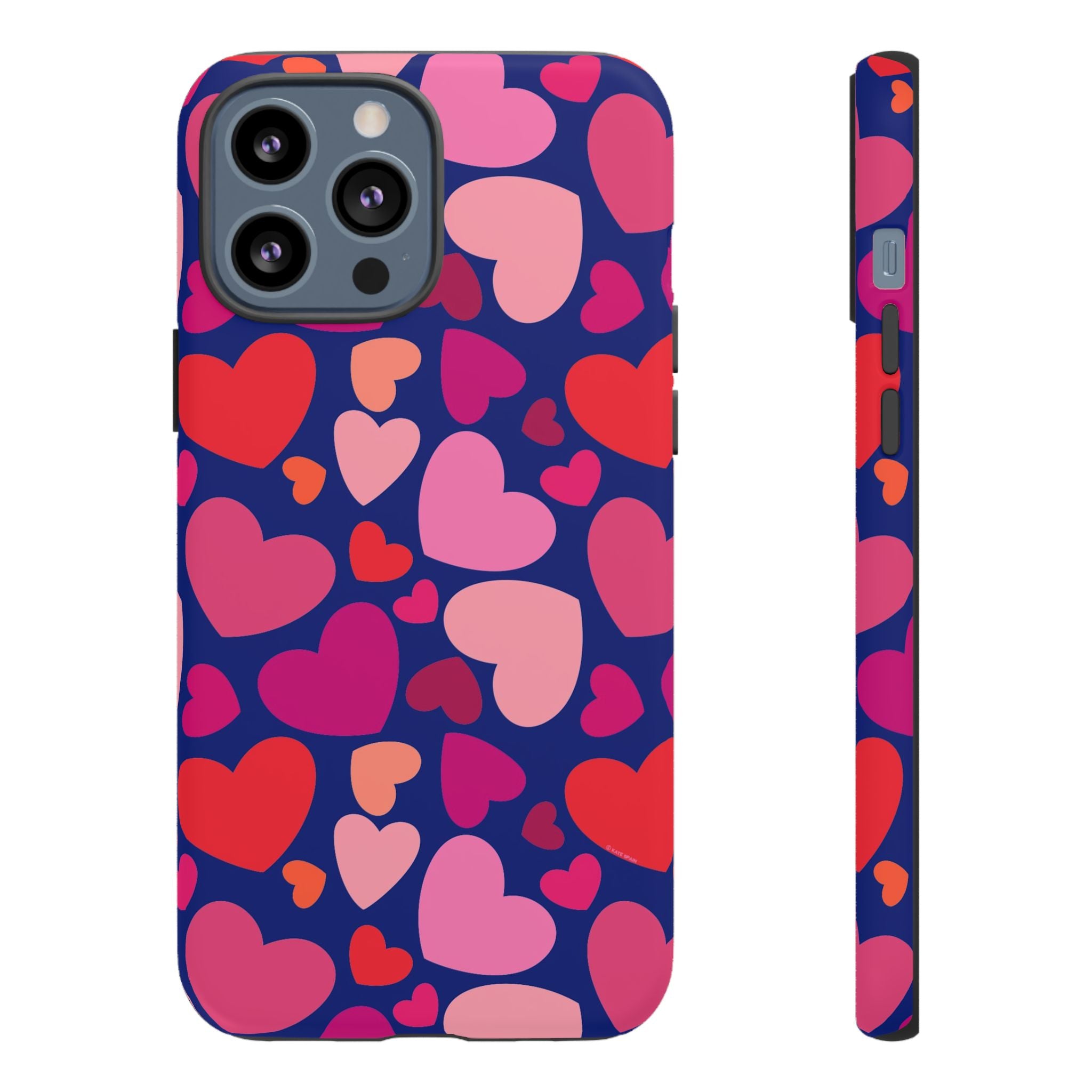 Hearts Tough iPhone 13 Pro Max Case – Matte | navy, pink, red, coral scattered heart print