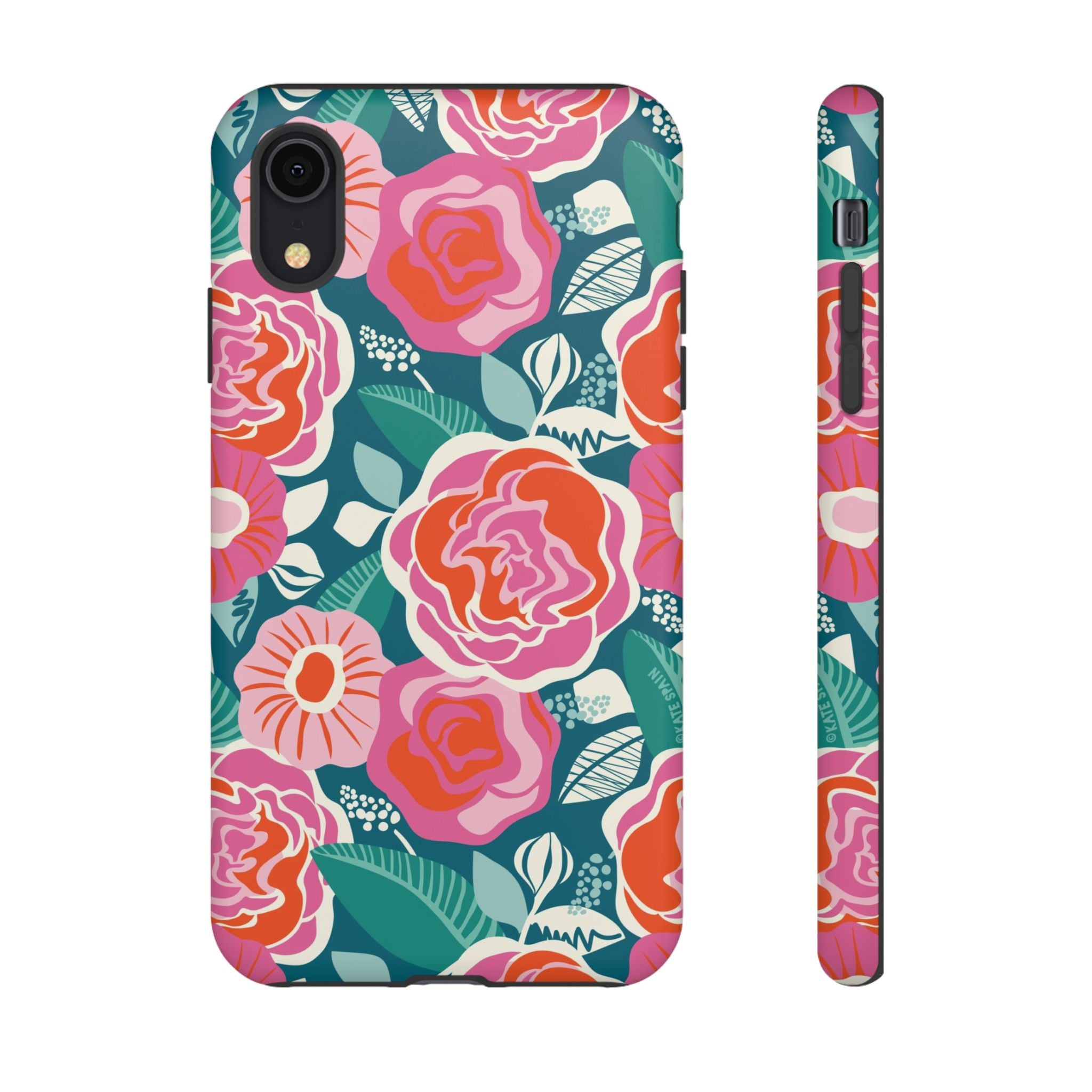 Tea Rose Teal Tough iPhone XR Case – Matte | teal, coral, pink botanical rose floral print