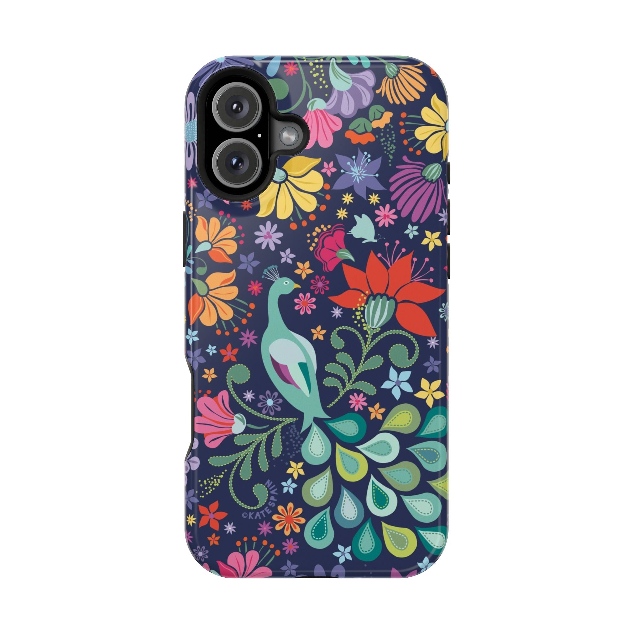 Peacock Sanctuary MagSafe iPhone 16 Plus Case – Glossy | navy, teal, ivory peacock botanical print MagSafe compatible, dual-layer protection