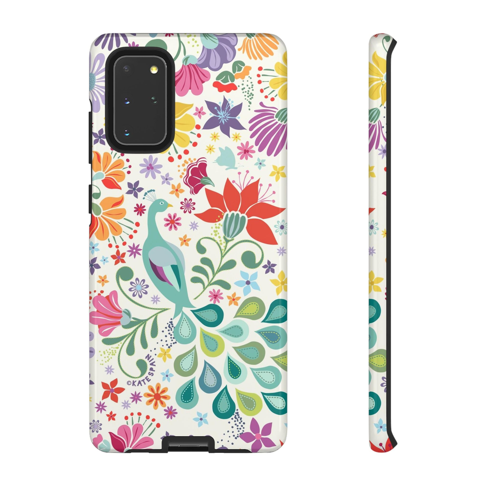 Luxury Peacock Sanctuary Samsung Galaxy S20+ Case – Glossy | white, teal, coral multicolor vibrant peacock feather botanical print