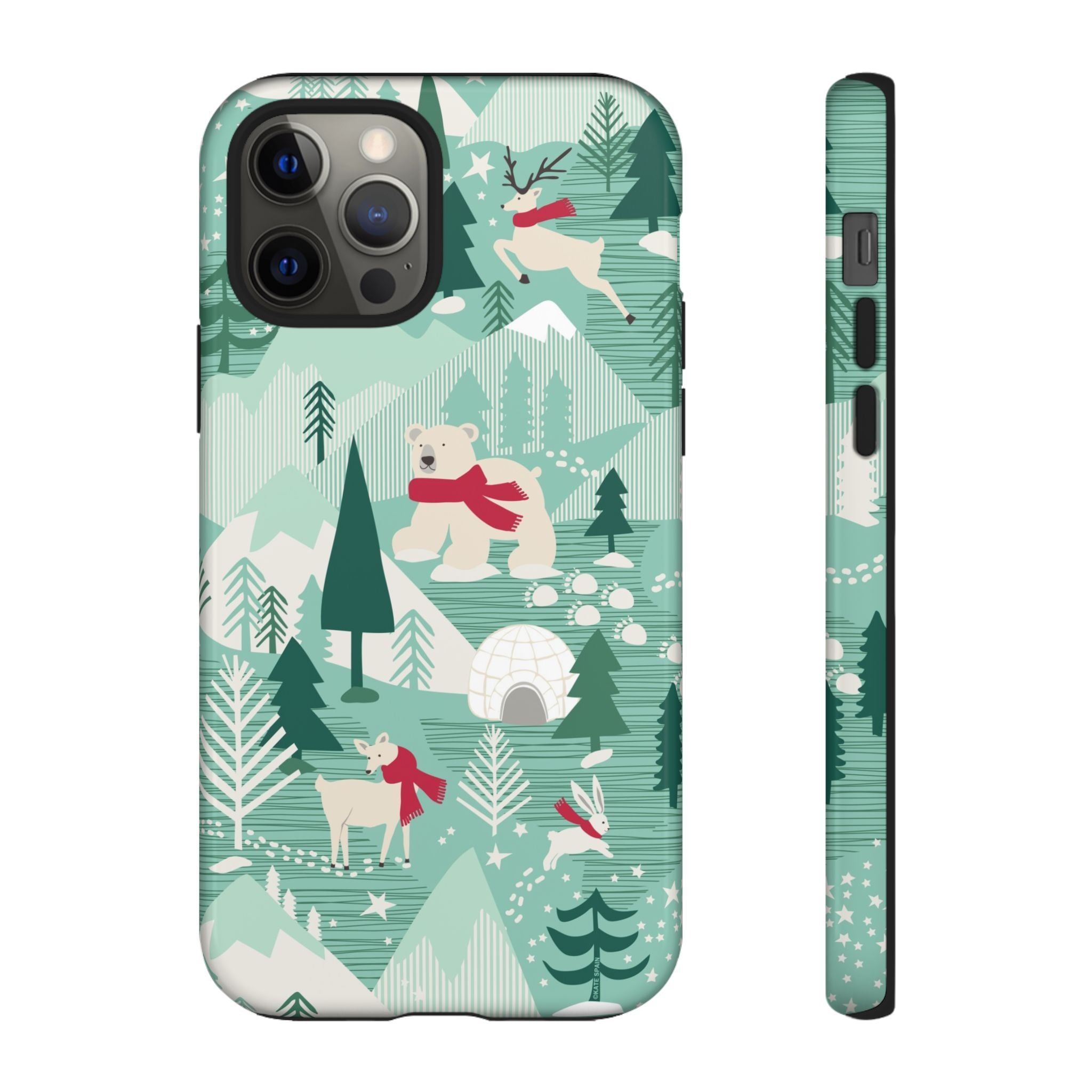 Arctica Winter Tough iPhone 12 Pro Case – Glossy | aqua, evergreen, white, animal frolic winter wonderland print