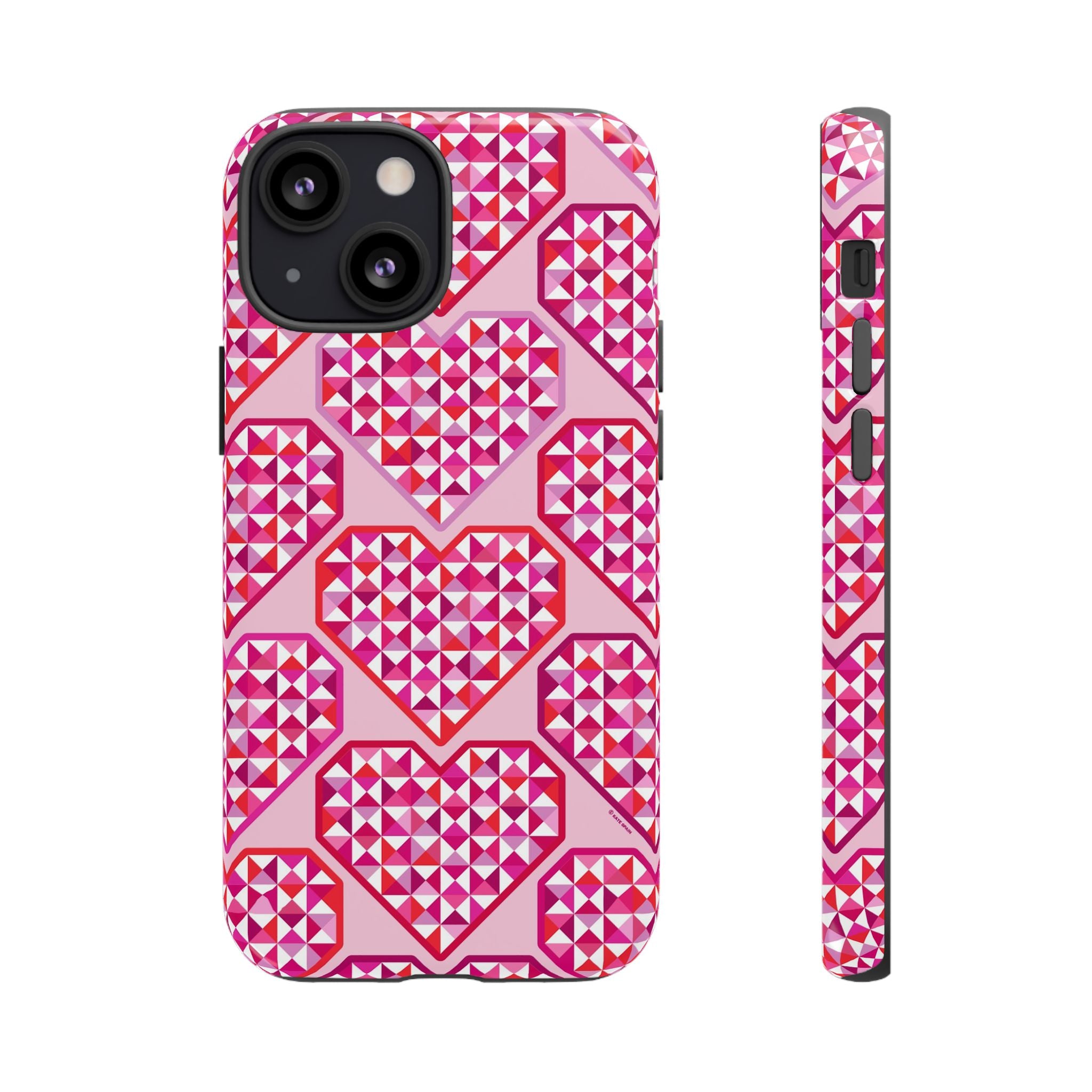 Pink Pyramid Heart Tough iPhone 13 Mini Case – Glossy | blush, pink, magenta, red geometric pyramid heart print