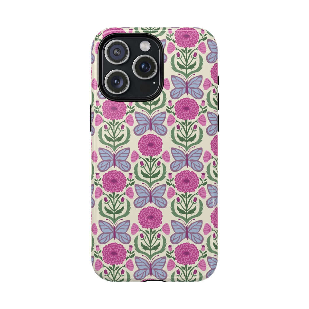 Butterfly MagSafe iPhone 15 Pro Max Case – Glossy | cream, magenta, periwinkle butterfly floral print