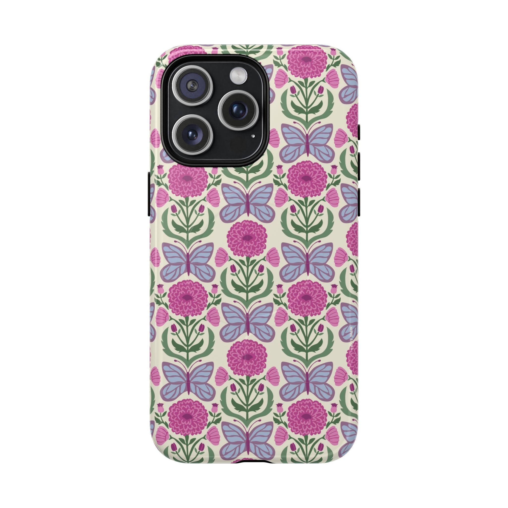 Butterfly MagSafe iPhone 15 Pro Max Case – Glossy | cream, magenta, periwinkle butterfly floral print