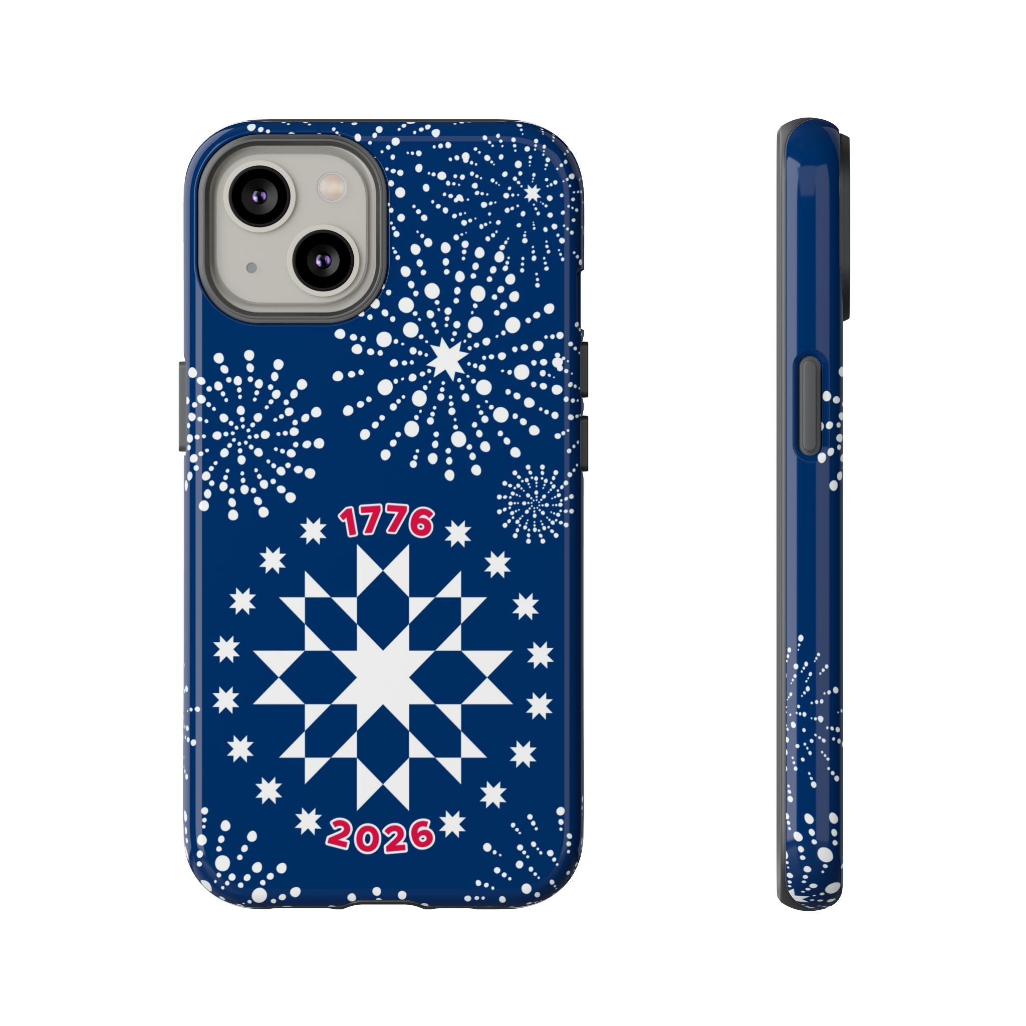 250th Fireworks Tough iPhone 14 Case – Glossy | navy, white patriotic star quilt fireworks print