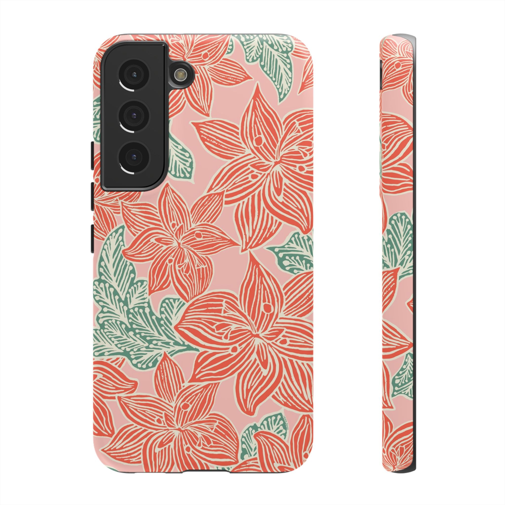 Hibiscus Coral Samsung Galaxy S22 Matte Case — blush pink hard case with large-scale coral red hibiscus flowers and teal-green leaves in a bold botanical linework print, densely layered across the surface