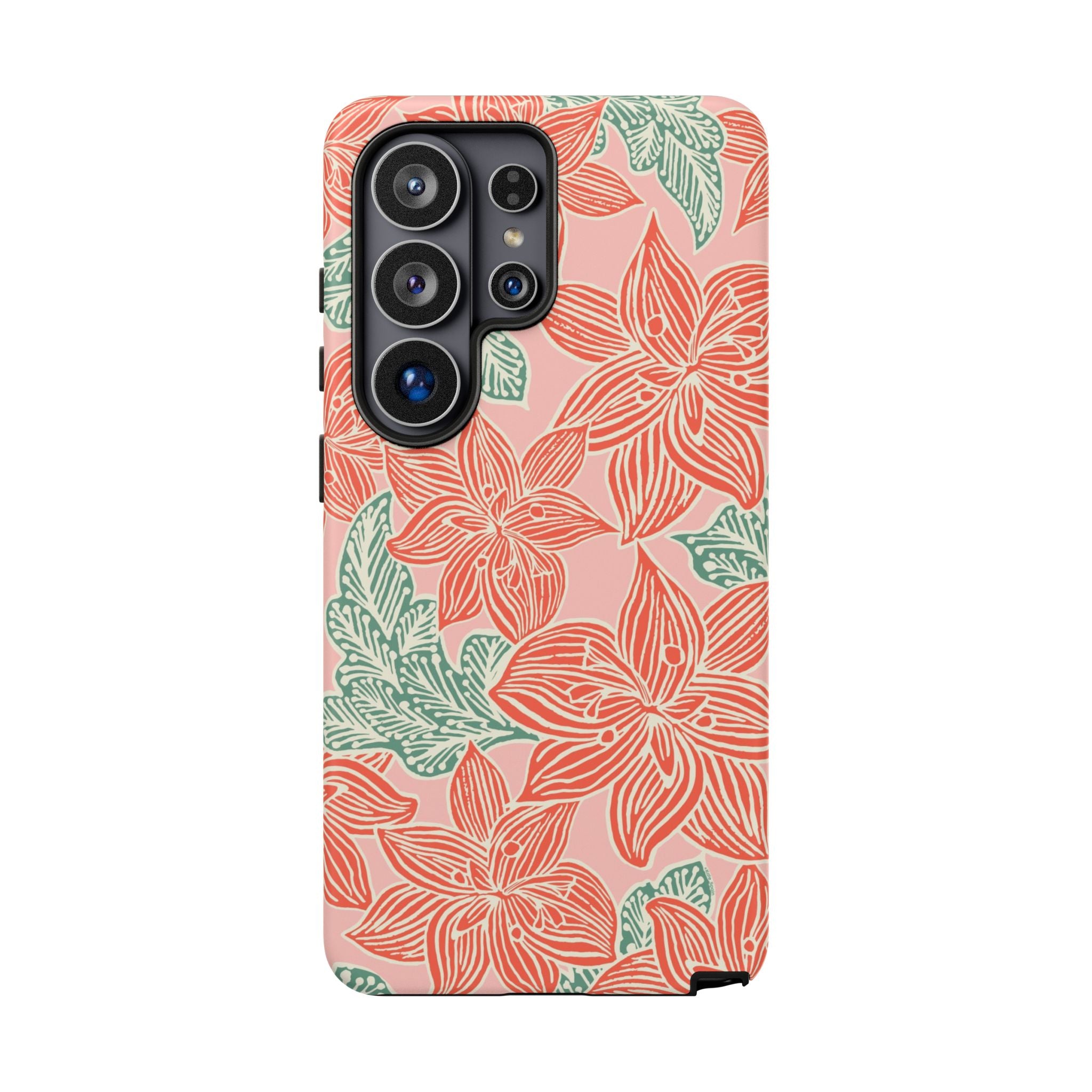 Hibiscus Coral Samsung Galaxy S26 Ultra Matte Case — blush pink hard case with large-scale coral red hibiscus flowers and teal-green leaves in a bold botanical linework print, densely layered across the surface