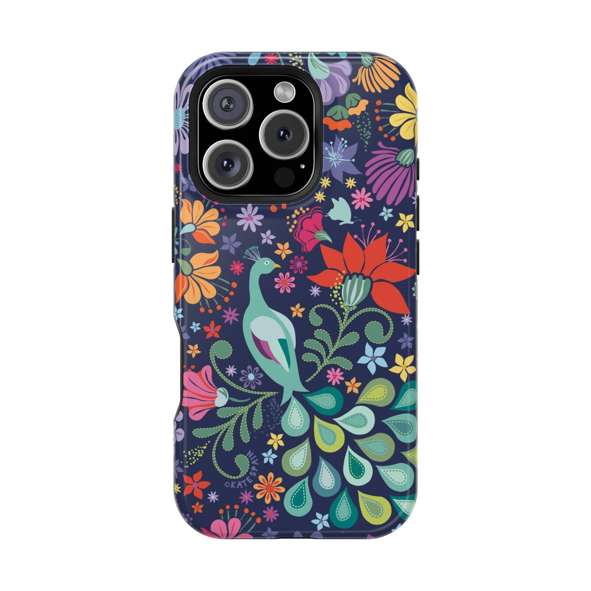 Peacock Sanctuary MagSafe iPhone 15 Pro Max Case – Glossy | navy, teal, ivory peacock botanical print MagSafe compatible, dual-layer protection