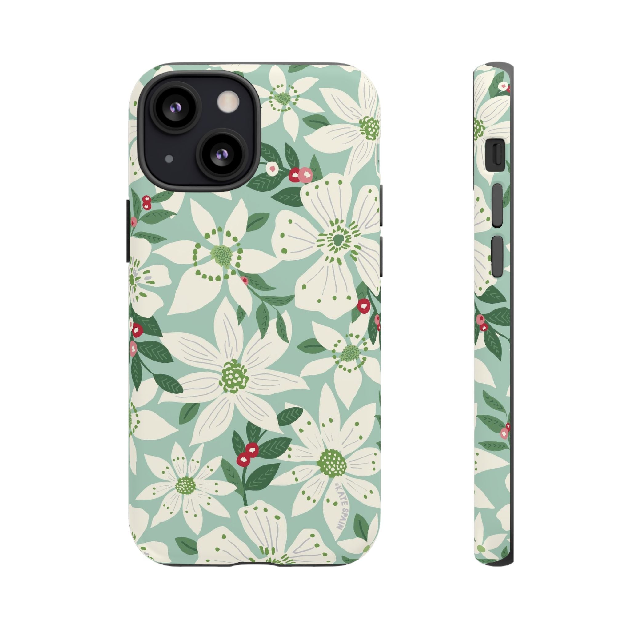 Gardenia Tough iPhone 13 Mini Case – Matte | light blue, white, green, red gardenia botanical print
