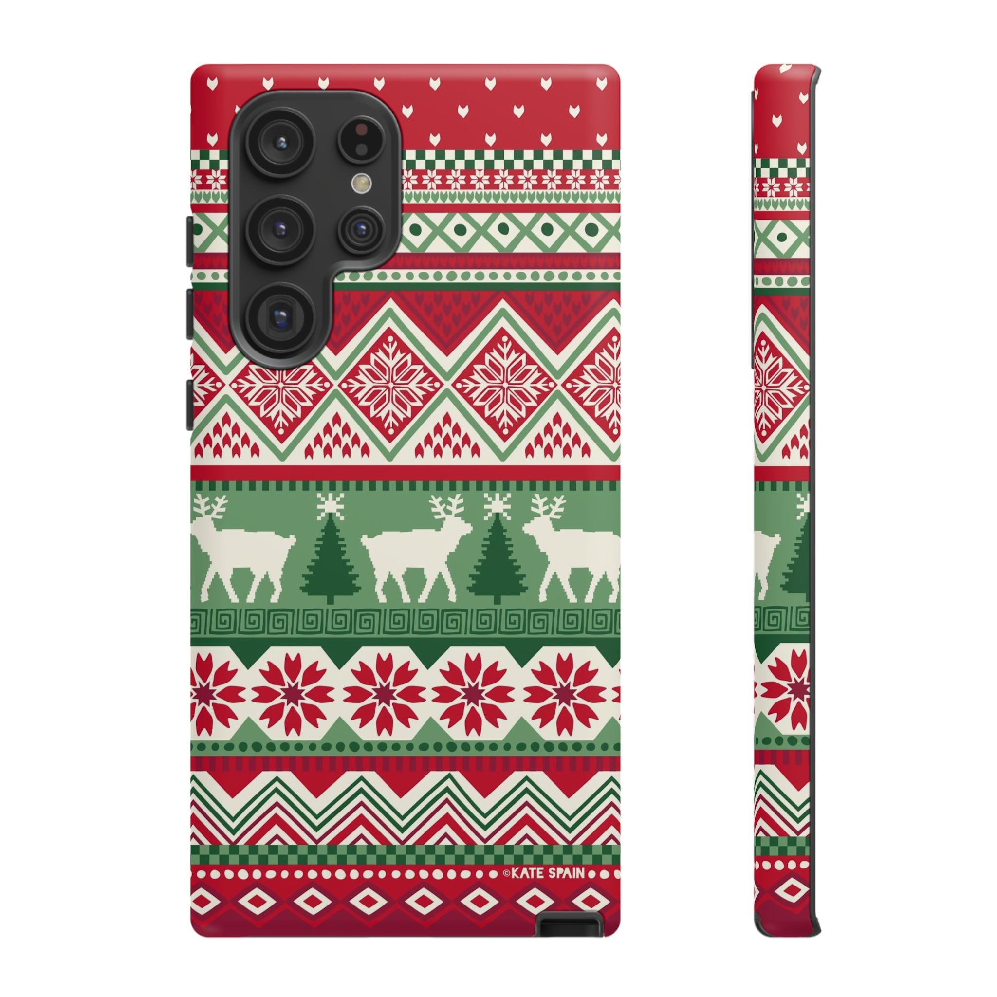 Luxury Telemark Samsung Galaxy S22 Ultra Case – Matte | red, green, cream Nordic fair isle reindeer print