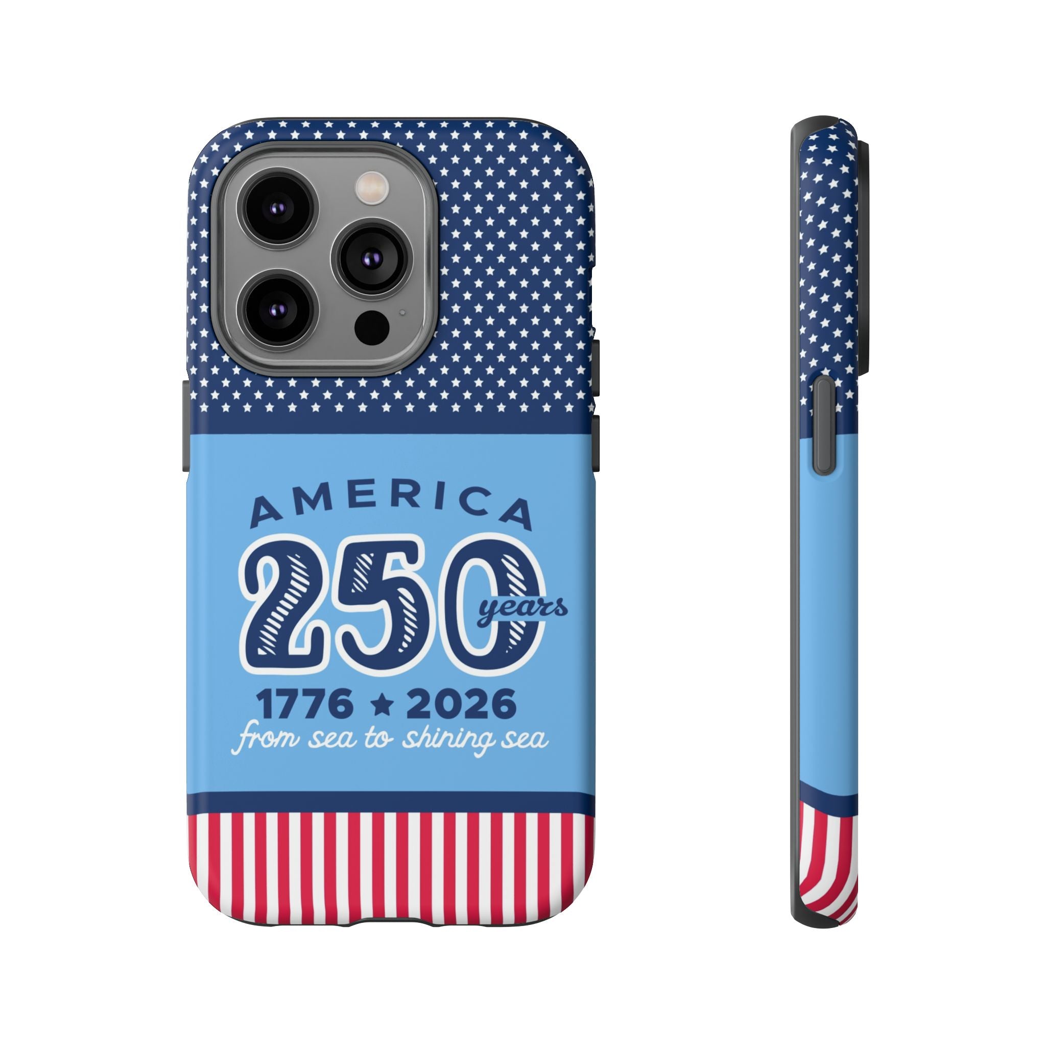 Sea to Shining Sea Tough iPhone 14 Pro Case – Matte | navy, sky blue, red, white American stars & stripes 250th anniversary print