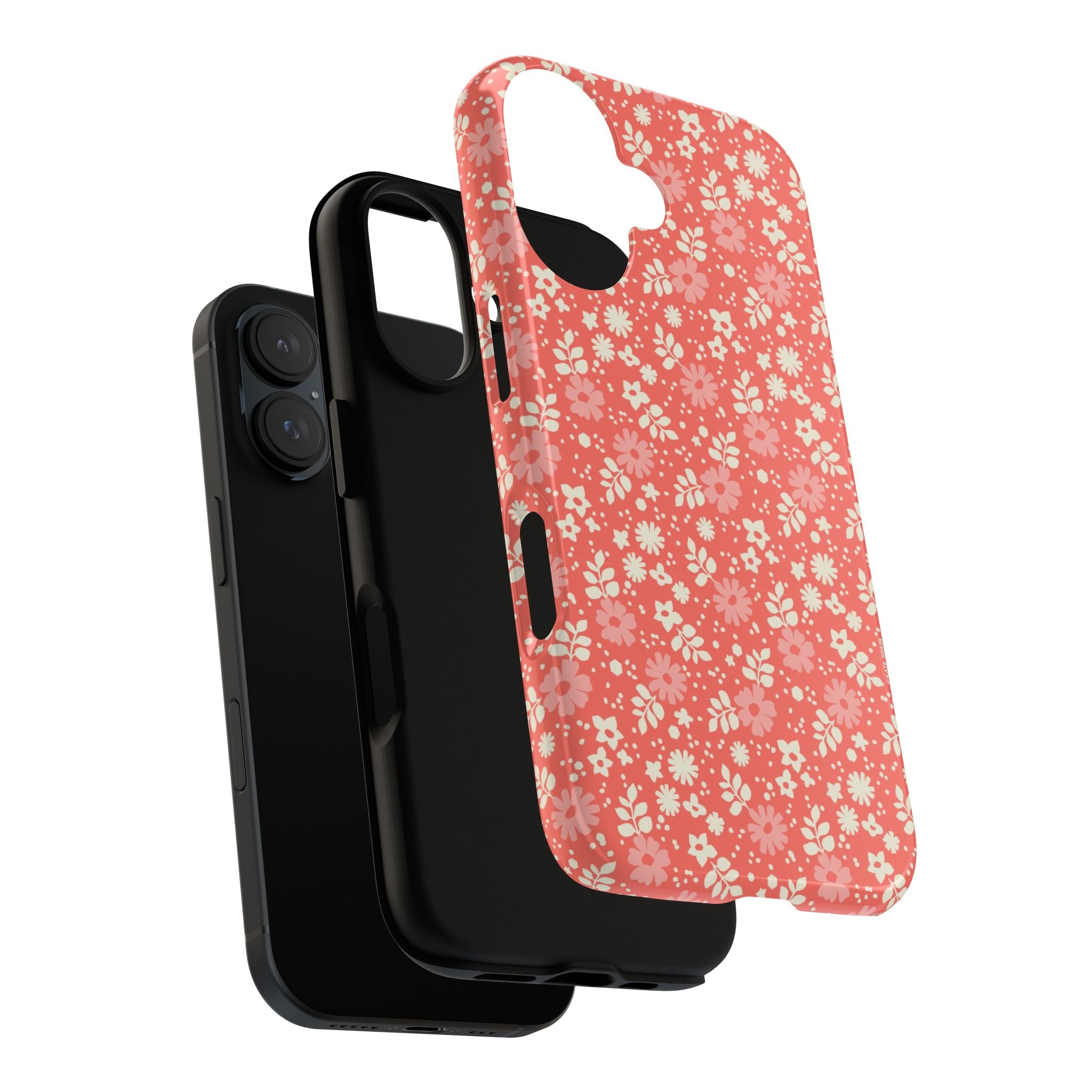 Petaline Tough iPhone 17 Plus Case – detail of camera cutout | coral, pink, cream ditsy floral print