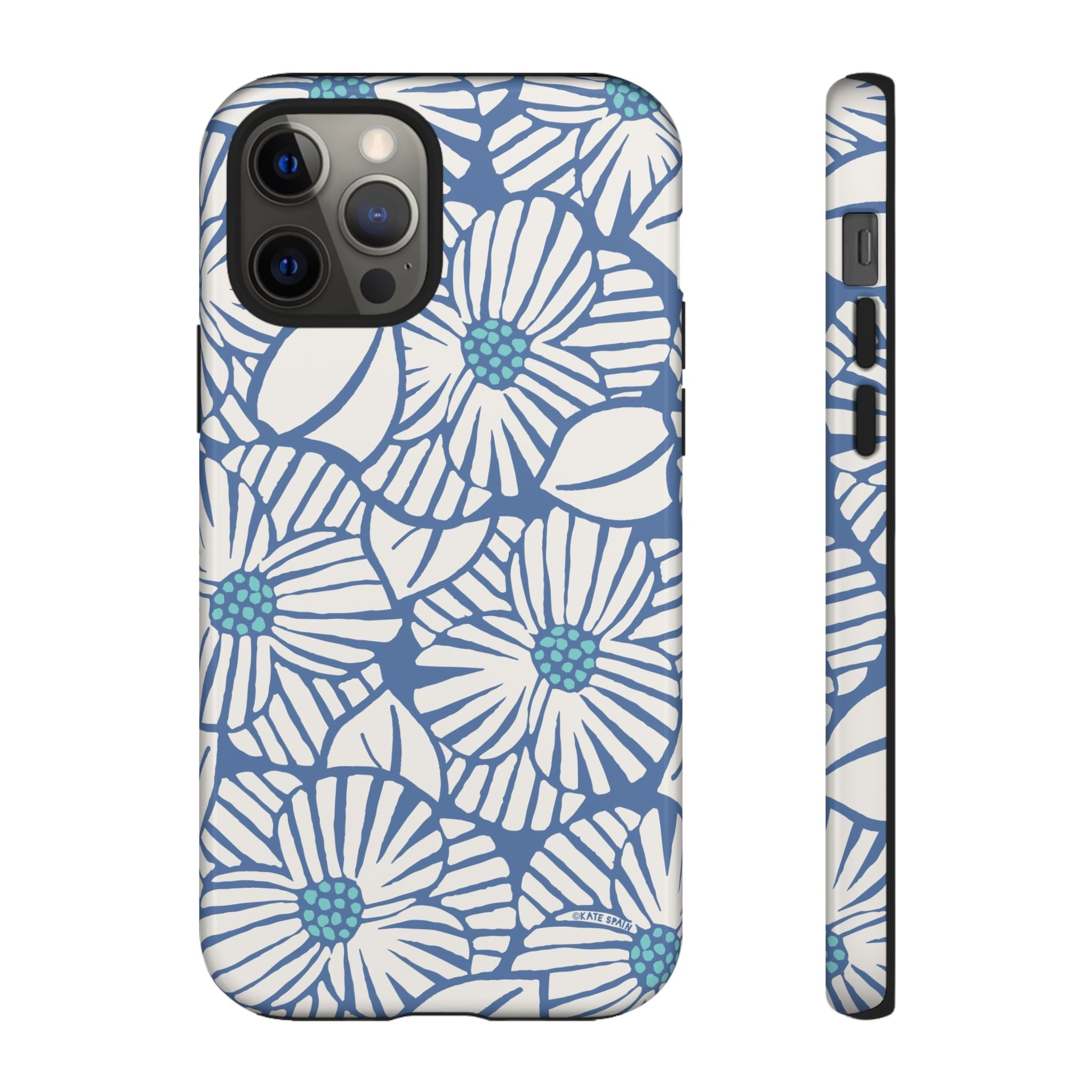 Calendula Tough iPhone 12 Pro Case – Glossy | periwinkle, cream, teal graphic daisy floral print
