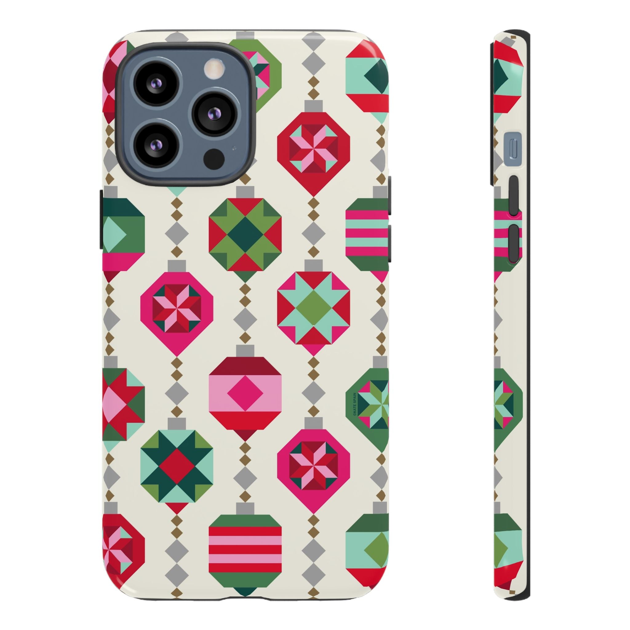 Felicity Ornaments Tough iPhone 13 Pro Max Case – Glossy | cream, red, pink, green, mint geometric quilted ornament print