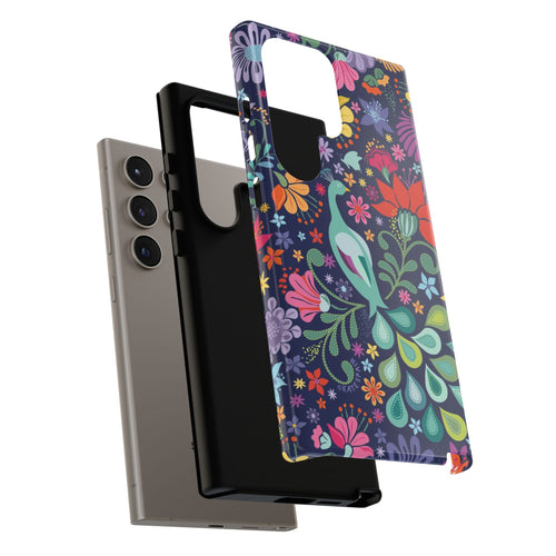 Exotic Peacock Sanctuary Samsung Galaxy S24 Ultra Case – Matte | shock-proof layered construction of case in navy, teal, coral multicolor vibrant peacock feather botanical print