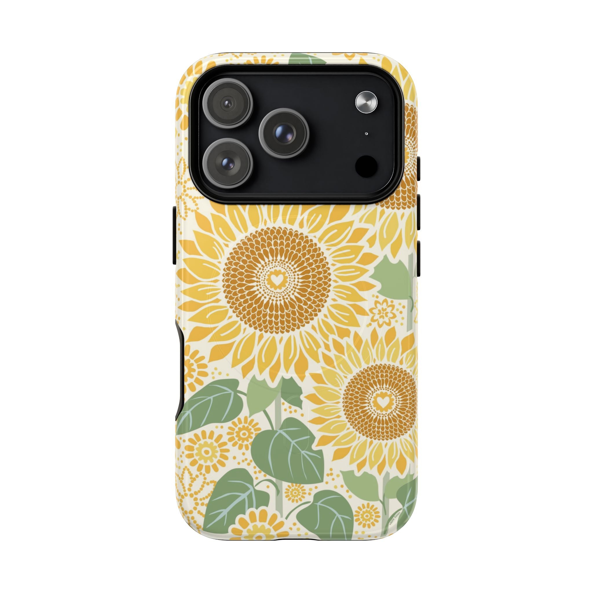 Sunny Sunflower MagSafe iPhone 17 Pro – Glossy | cream ground, large-scale yellow sunflower print, golden seed detail with heart centers, dual-layer protection
