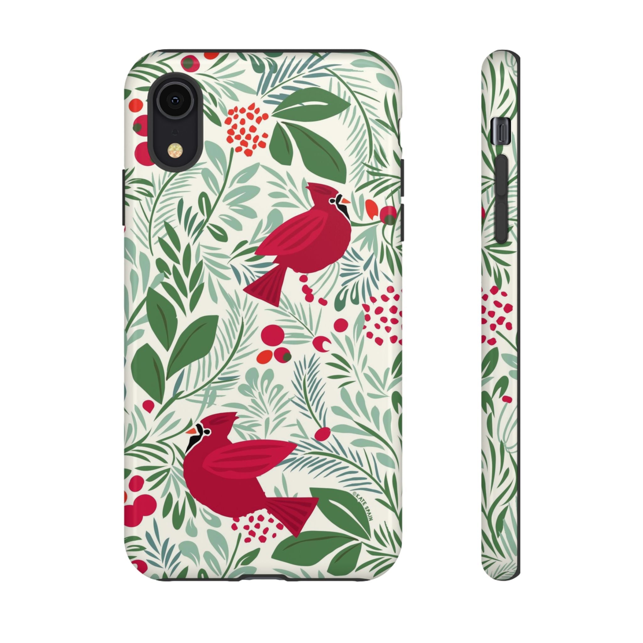 Birds and Berries Tough iPhone XR Case – Glossy | cream, red, green botanical cardinal berry print