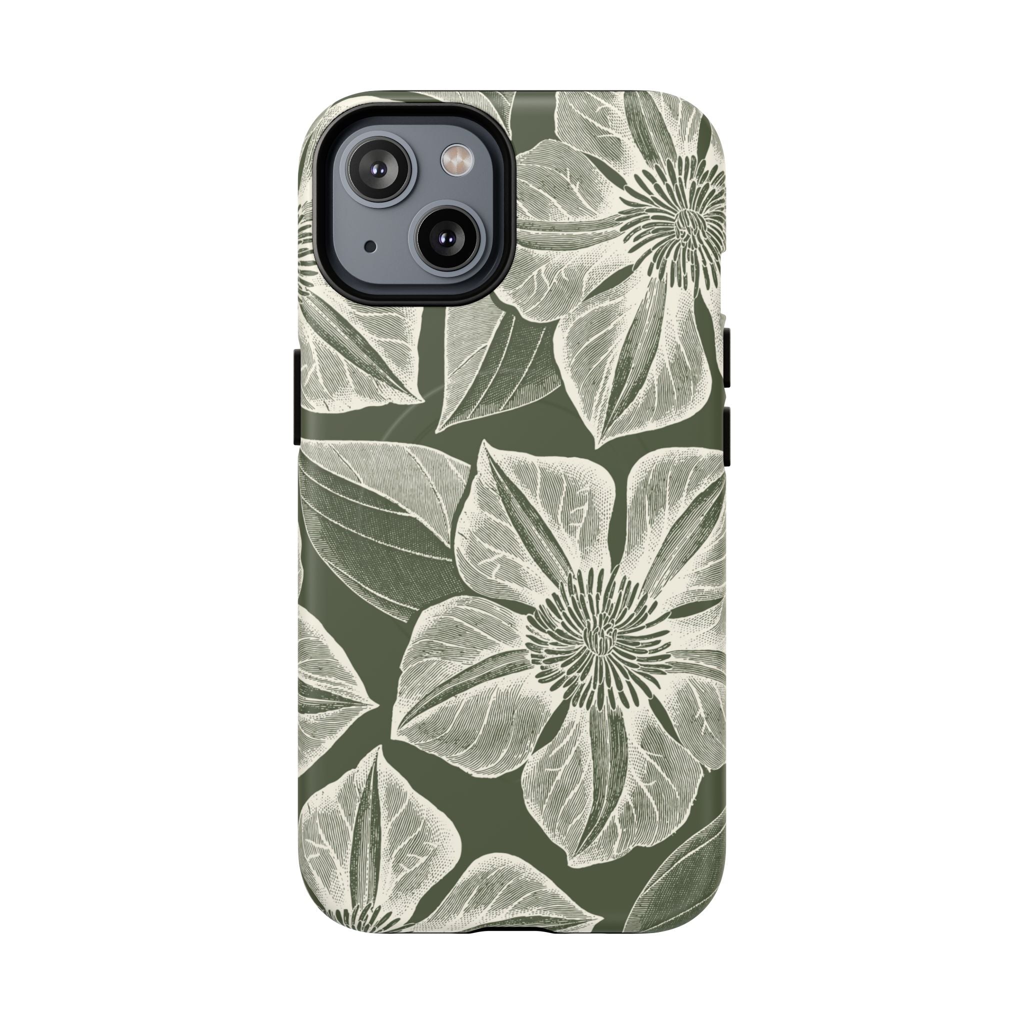 Vintage Bloom Cypress MagSafe iPhone 14 – Matte | cypress green ground, large-scale white clematis print, engraved petal detail, dual-layer protection