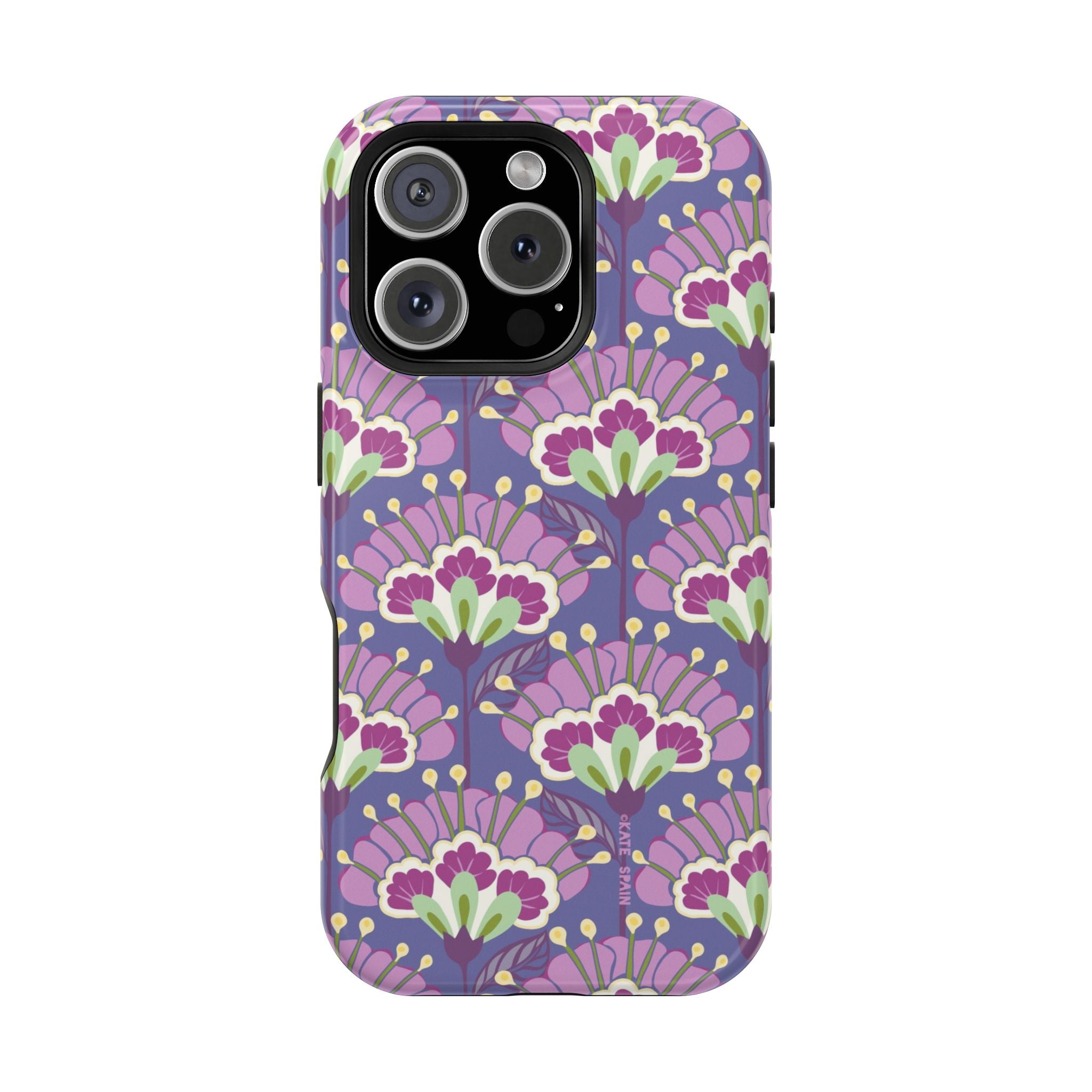 Lantern Flower MagSafe iPhone 15 Pro Max Case – Glossy | periwinkle, purple, mauve, sage botanical lantern floral print MagSafe compatible, dual-layer protection