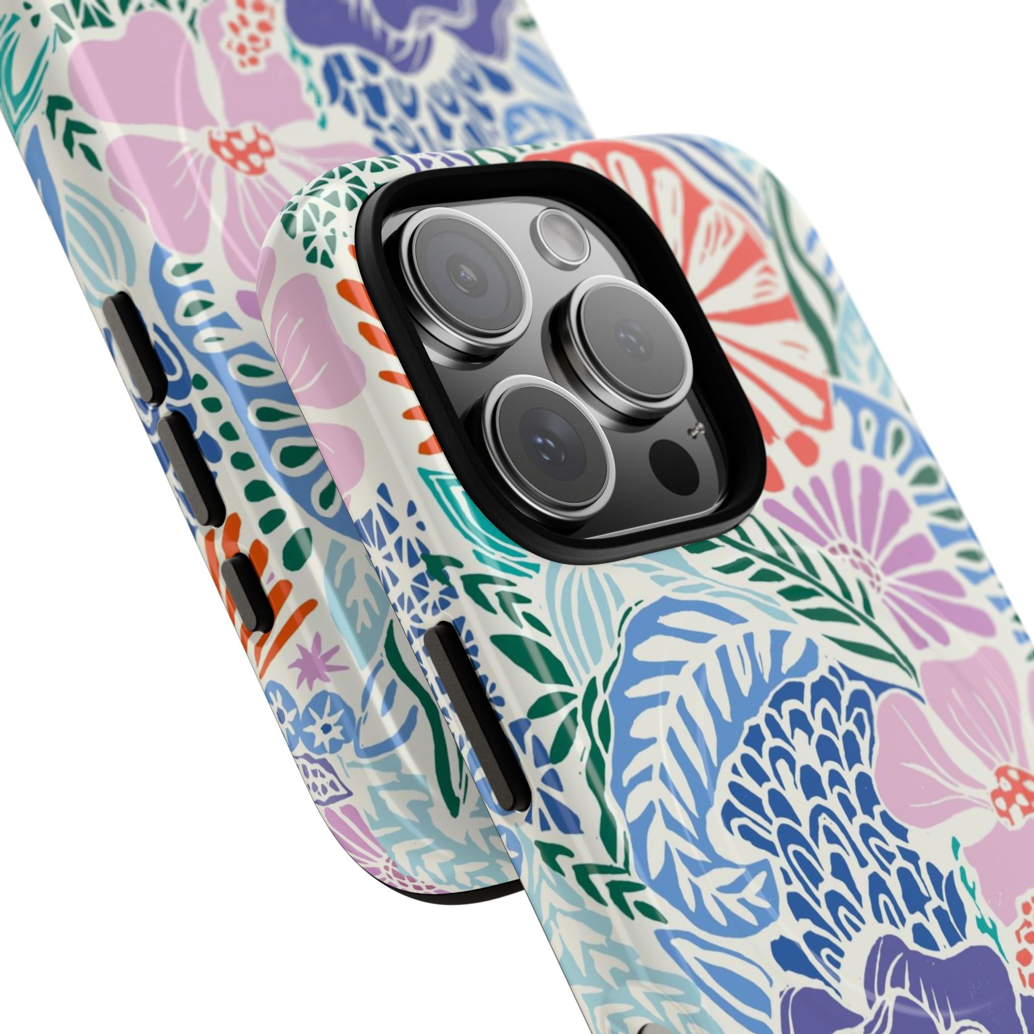 Tropica MagSafe iPhone 16 Pro Max Case – Glossy | purple, coral, pink, blue botanical tropical floral print | angled view closeup of camera cutout and buttons