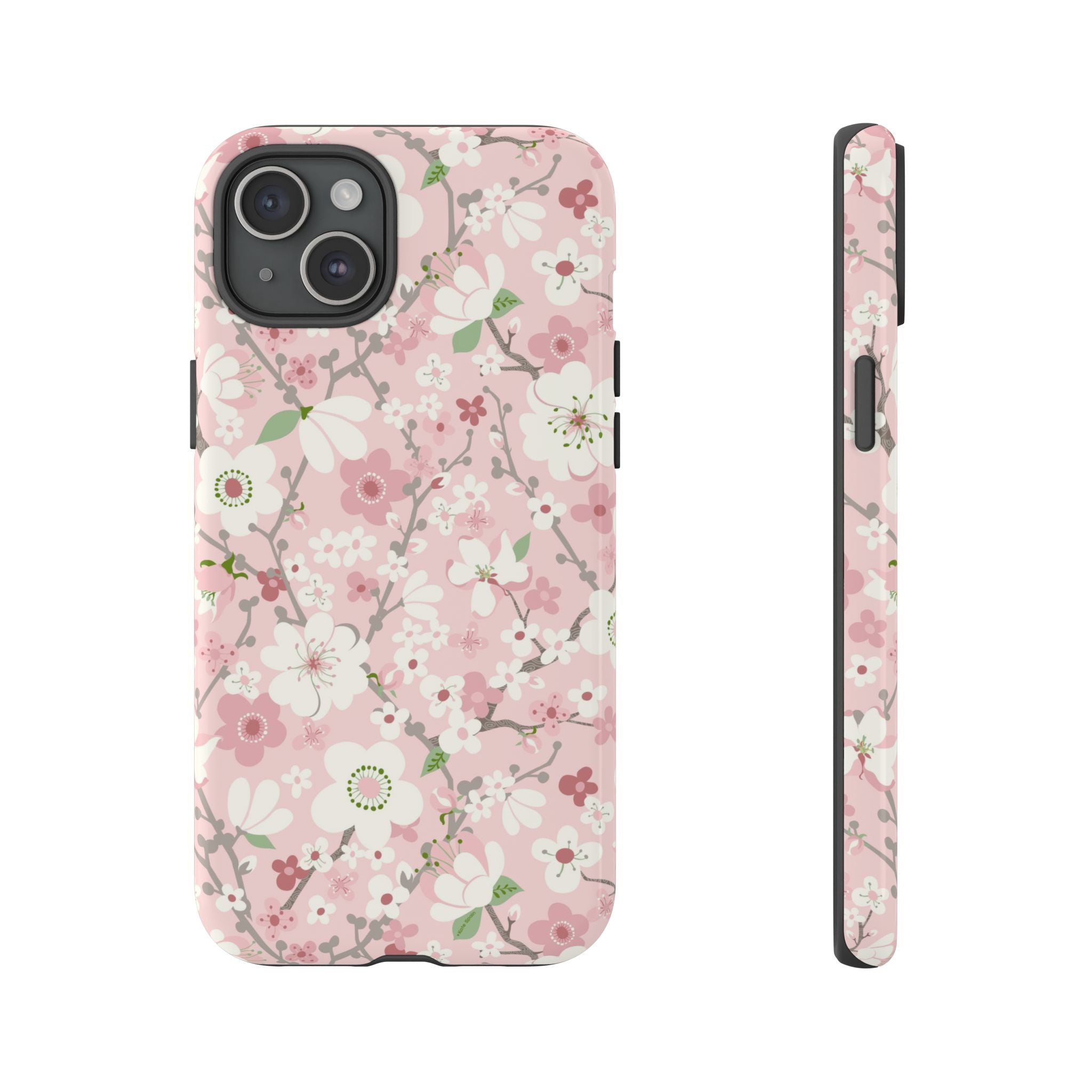 Luxury Pink Cherry Blossom Tough iPhone 15 Pro Case – Glossy | light pink, white, cherry blossom floral print