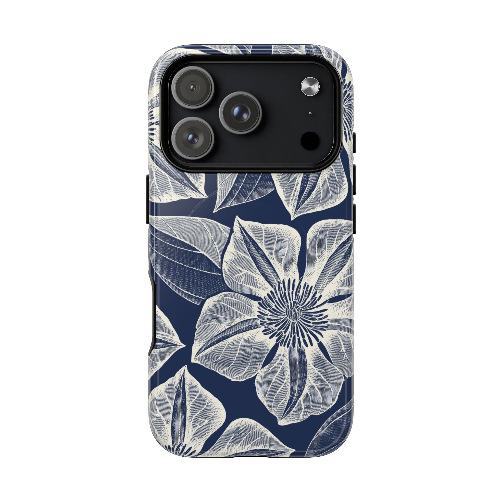 Vintage Bloom Navy MagSafe iPhone 17 Pro Case – Glossy | navy ground, large-scale white clematis print, engraved petal detail, dual-layer protection