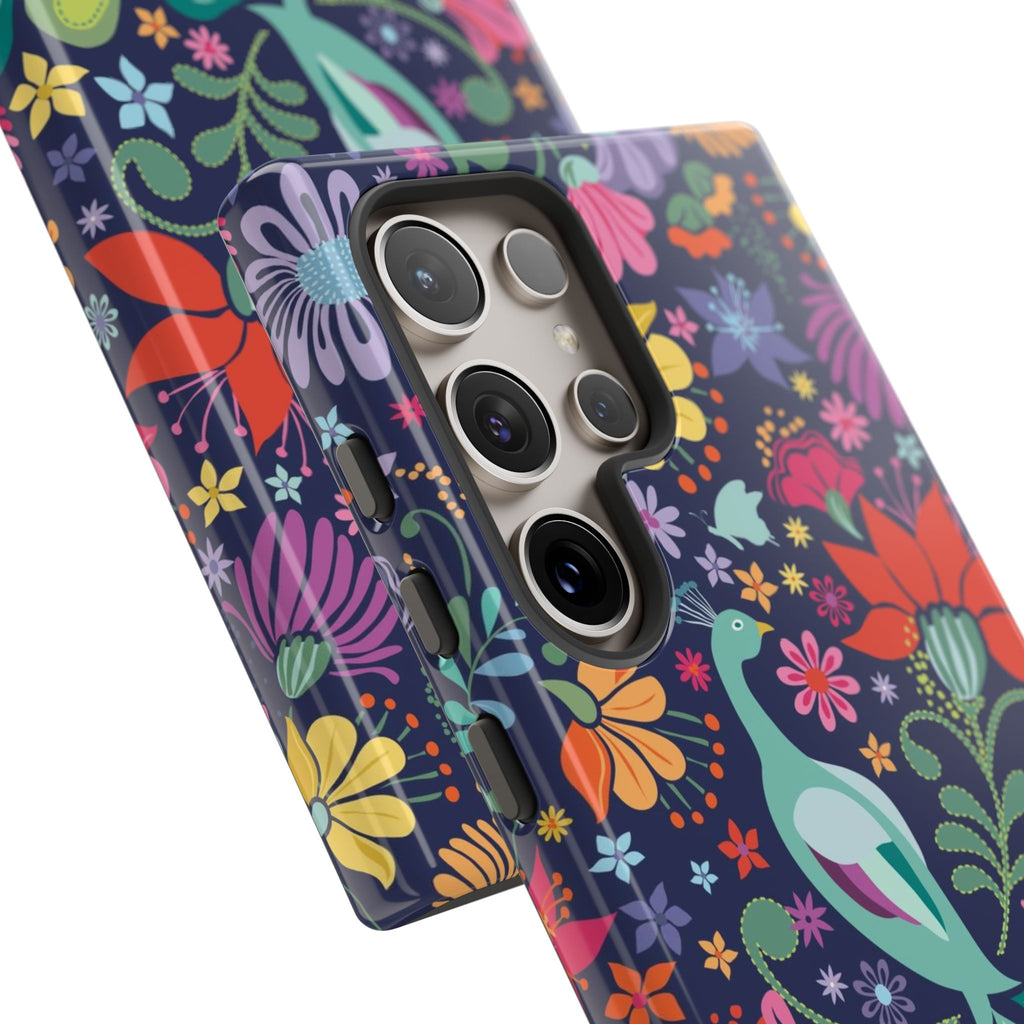 Luxury Peacock Sanctuary Samsung Galaxy S24 Ultra Case – Matte | 5 camera lenses and phone case in navy, teal, coral multicolor vibrant peacock feather botanical print