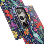 Luxury Peacock Sanctuary Samsung Galaxy S24 Ultra Case – Matte | 5 camera lenses and phone case in navy, teal, coral multicolor vibrant peacock feather botanical print