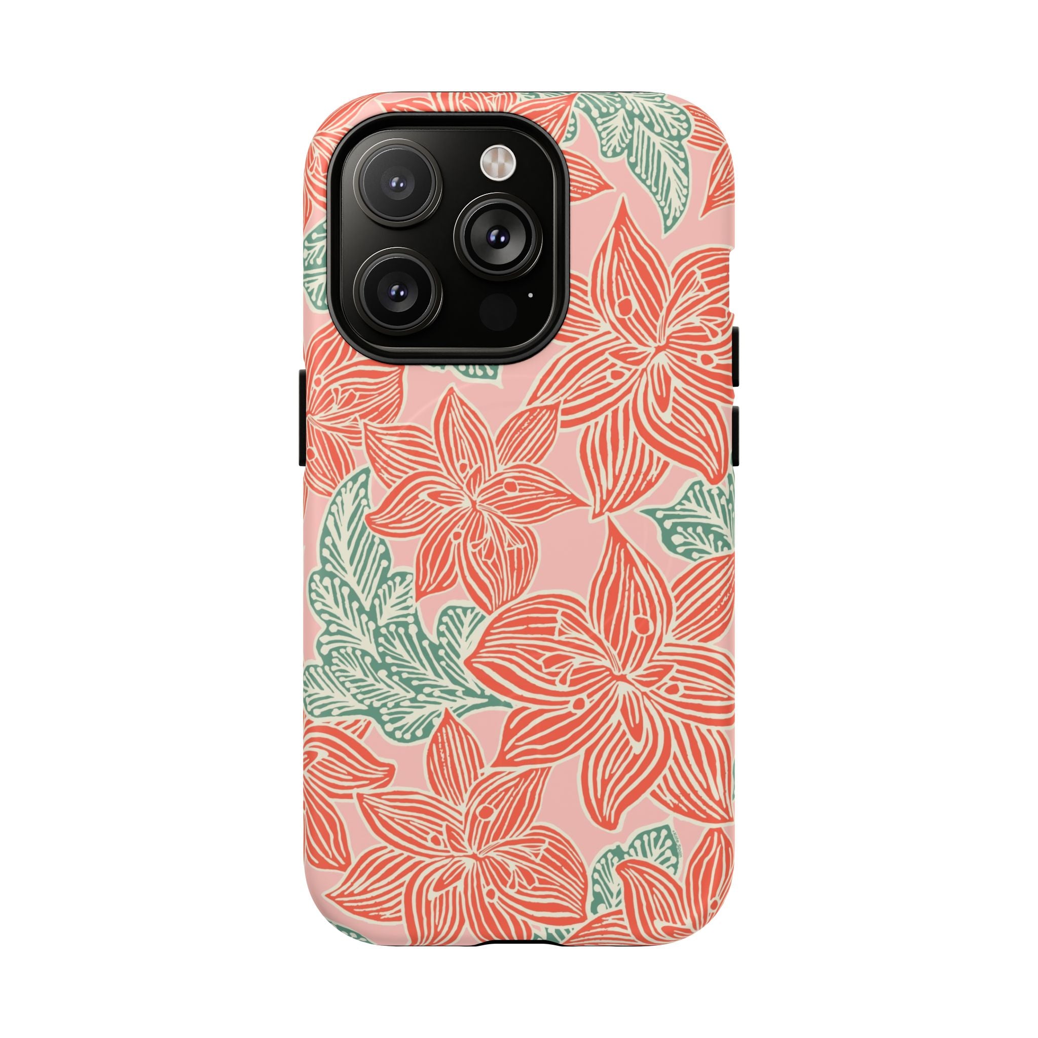Hibiscus Coral MagSafe iPhone 14 Pro Matte Case — blush pink hard case with large-scale coral red hibiscus flowers and teal-green leaves in a bold botanical linework print, densely layered across the surface