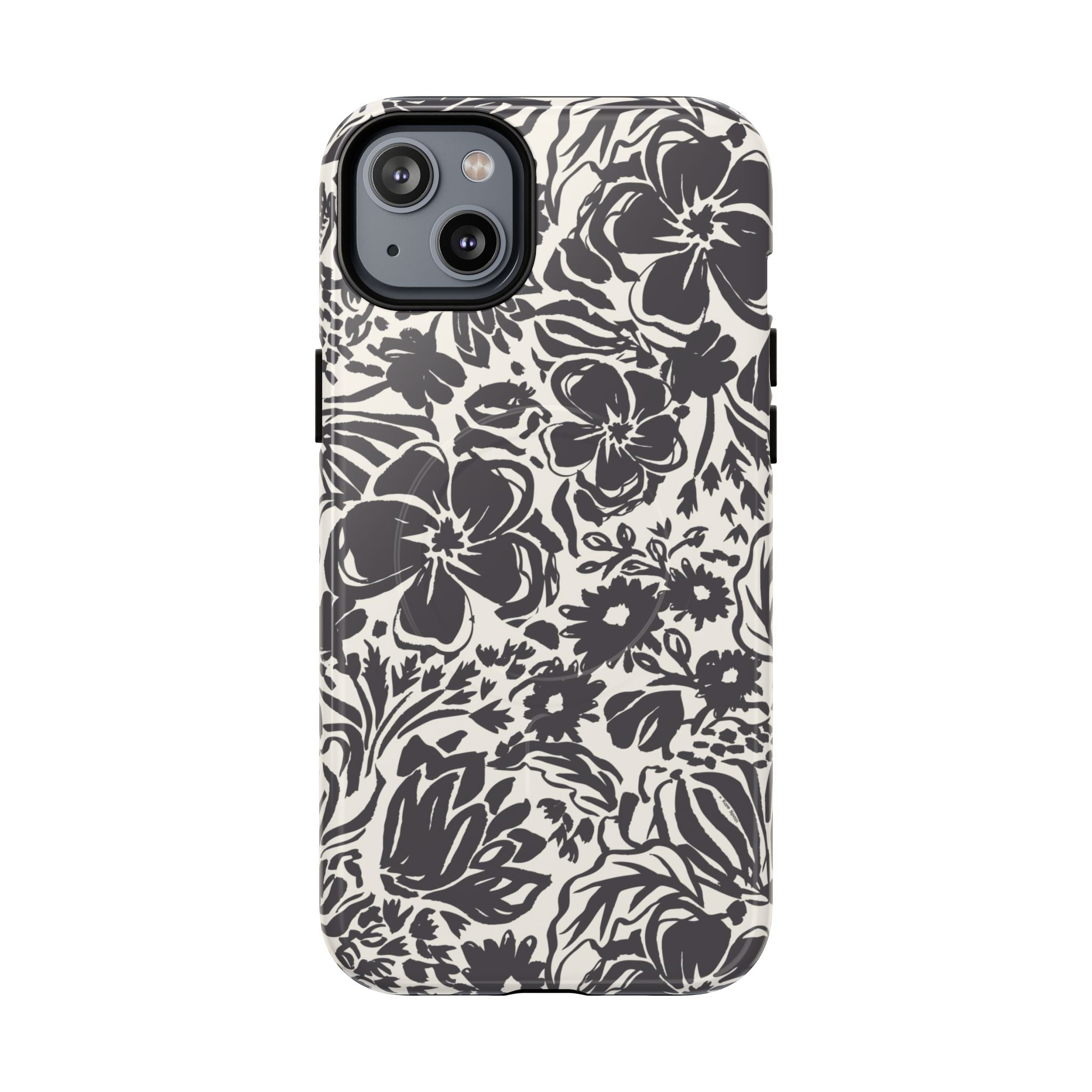 Rhapsody Black MagSafe iPhone 14 Plus Glossy case — bold charcoal floral print on cream by Kate Spain