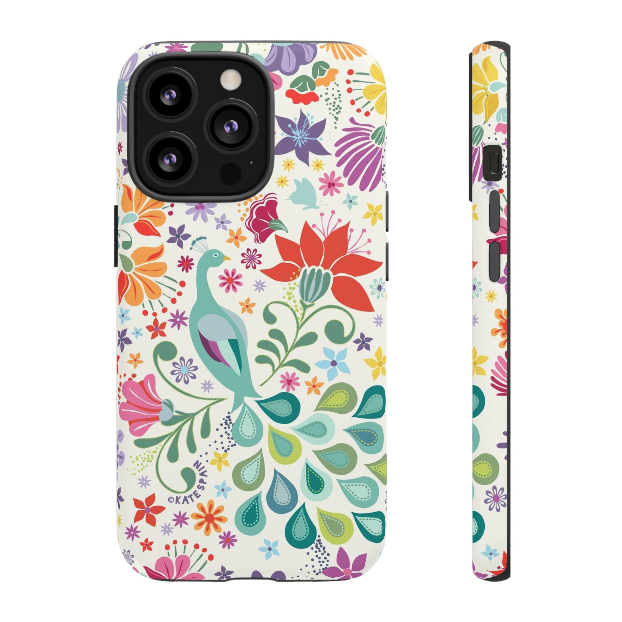 Peacock Sanctuary Tough iPhone 13 Pro Case – Matte | white, teal, coral multicolor vibrant peacock feather botanical print
