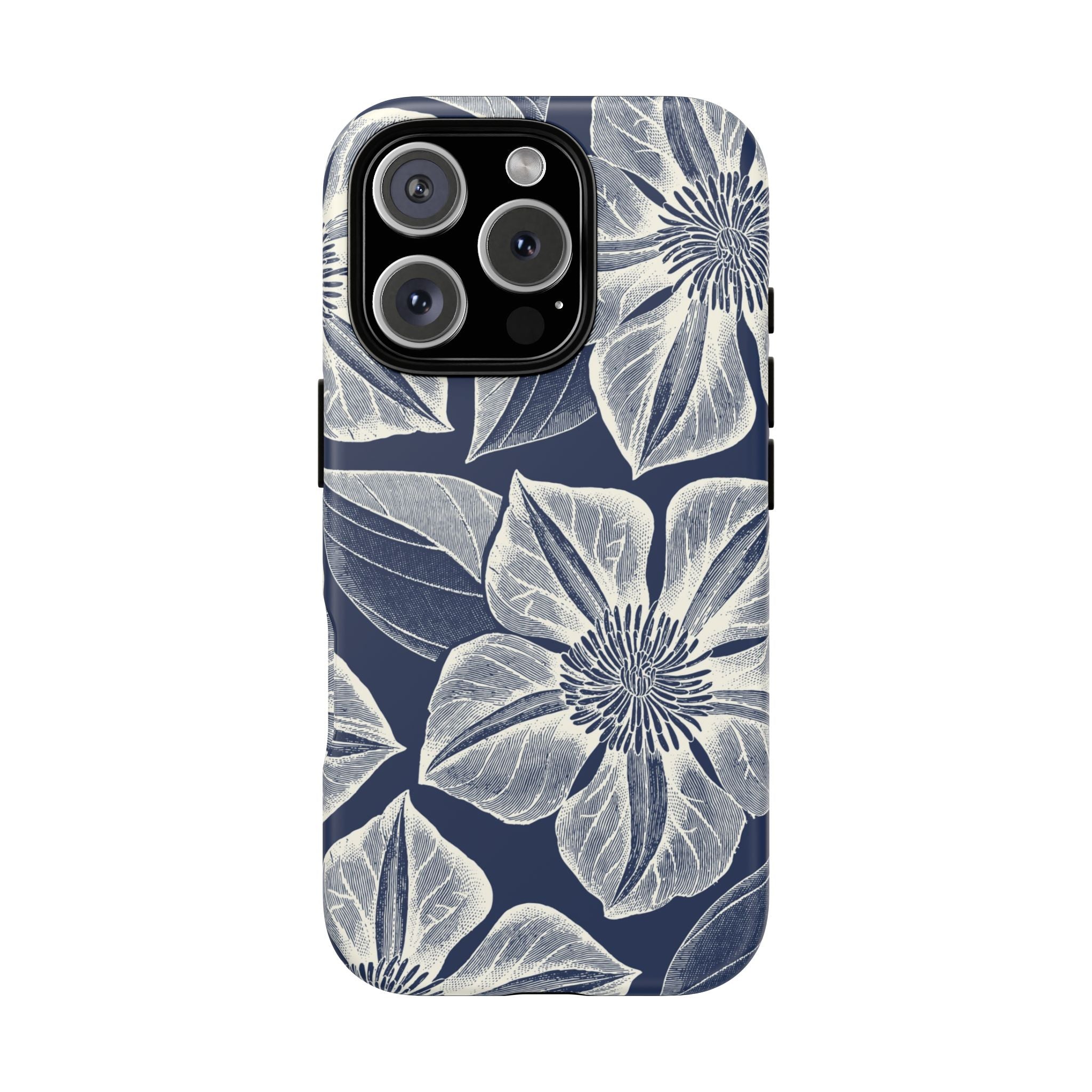 Vintage Bloom Navy iPhone 16 Pro case – Matte | navy ground, large-scale cream clematis print, engraved petal detail, dual-layer protection