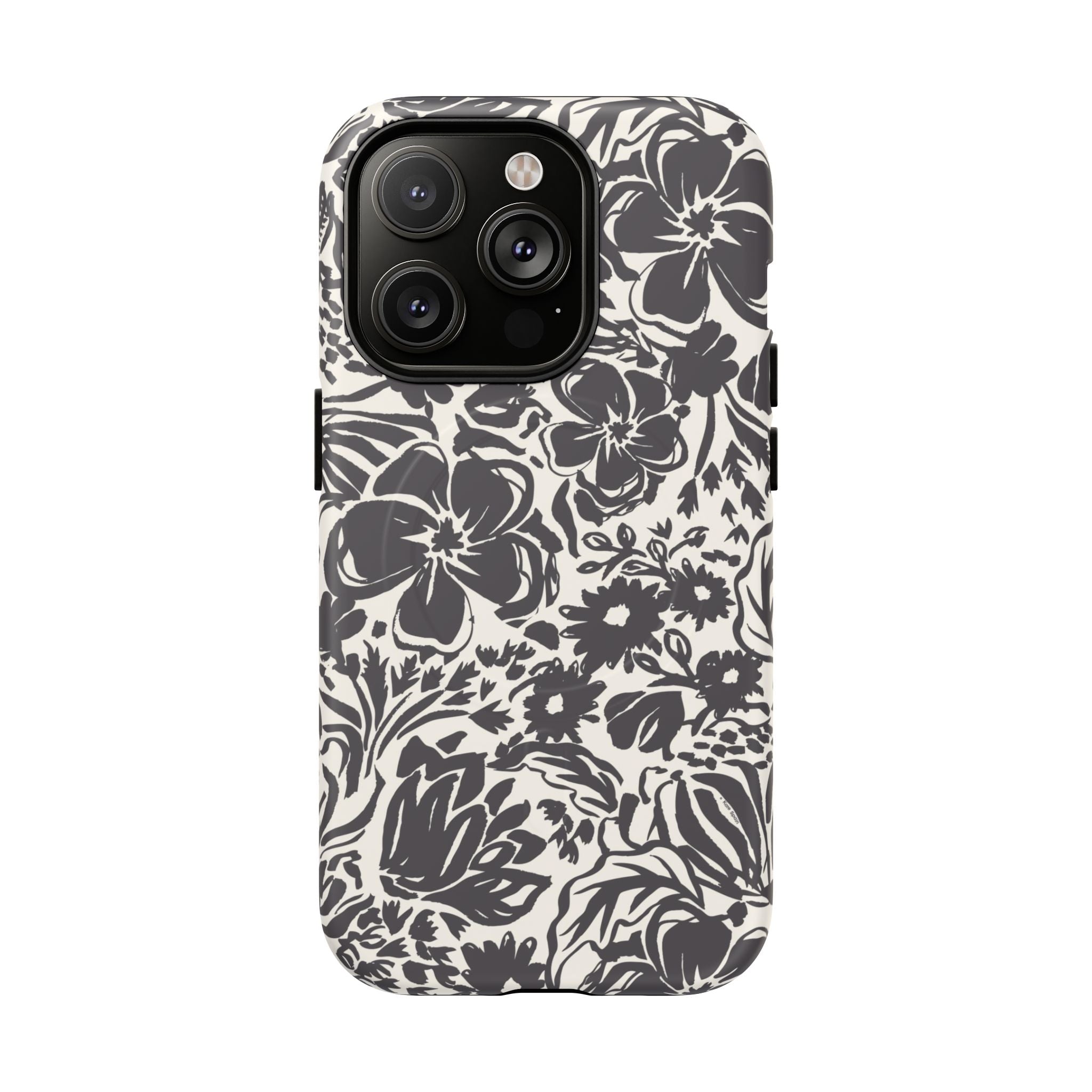 Rhapsody Black MagSafe iPhone 14 Pro Matte case — bold charcoal floral print on cream by Kate Spain