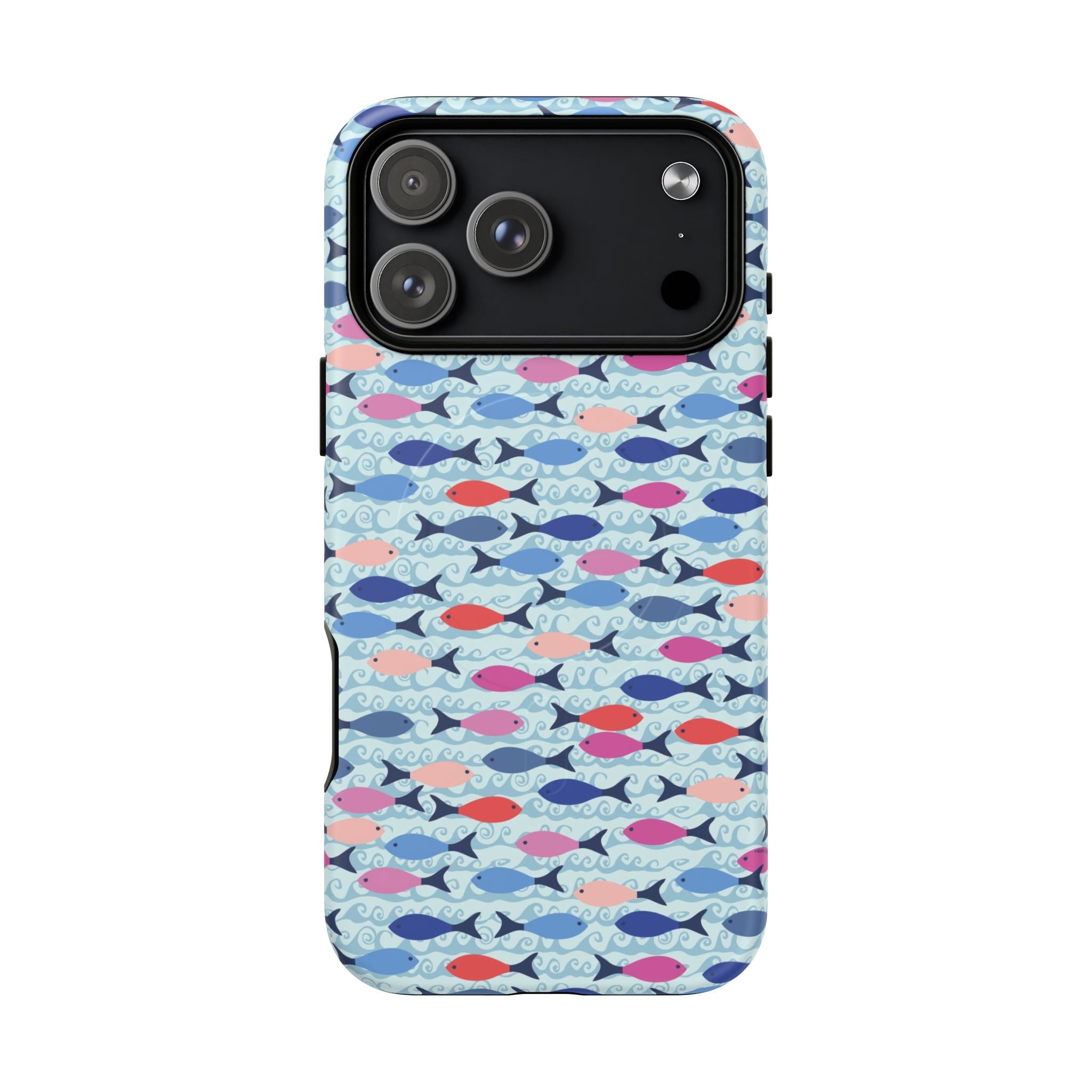 Summer Minnows MagSafe iPhone 17 Pro Max Case – Matte | navy, coral, pink, and periwinkle fish on a pale aqua ground