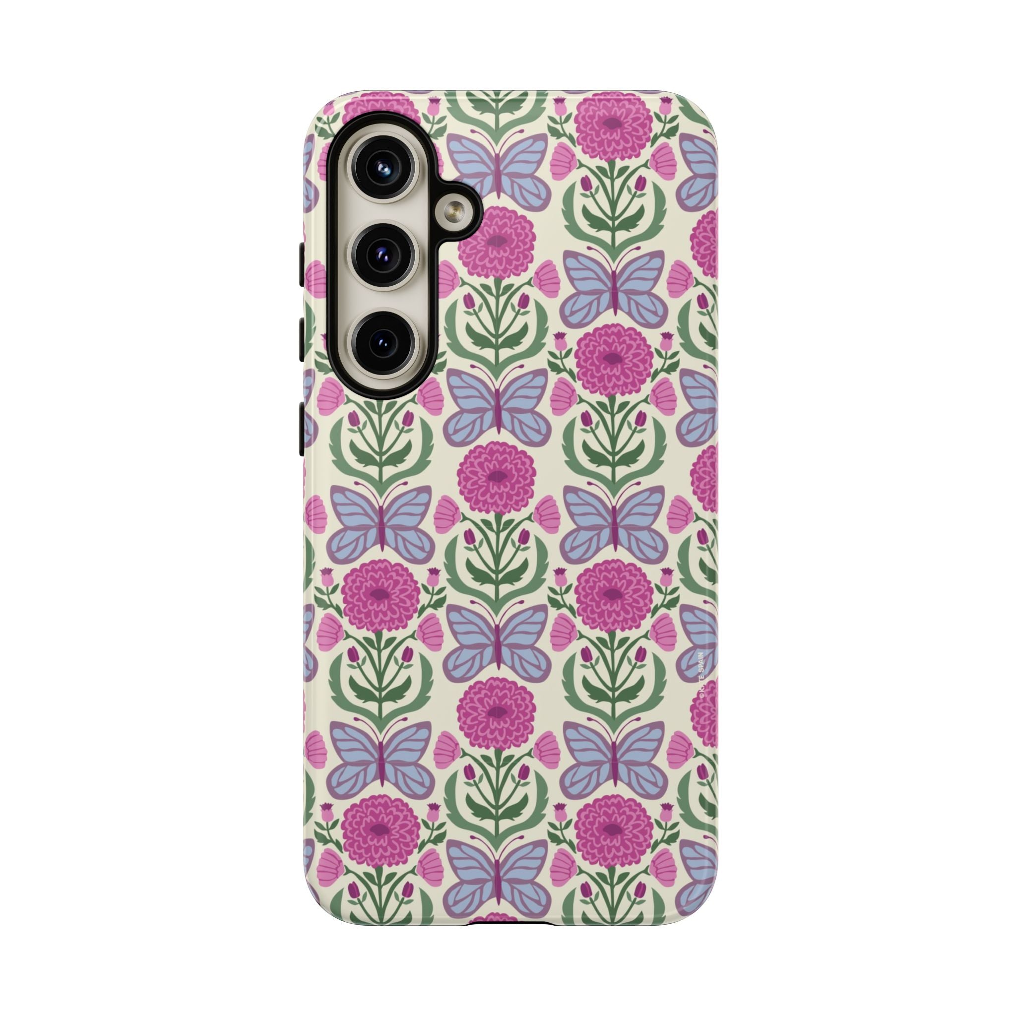 Luxury Butterfly Samsung Galaxy S24 Plus Case – Glossy | cream, magenta, periwinkle butterfly floral print
