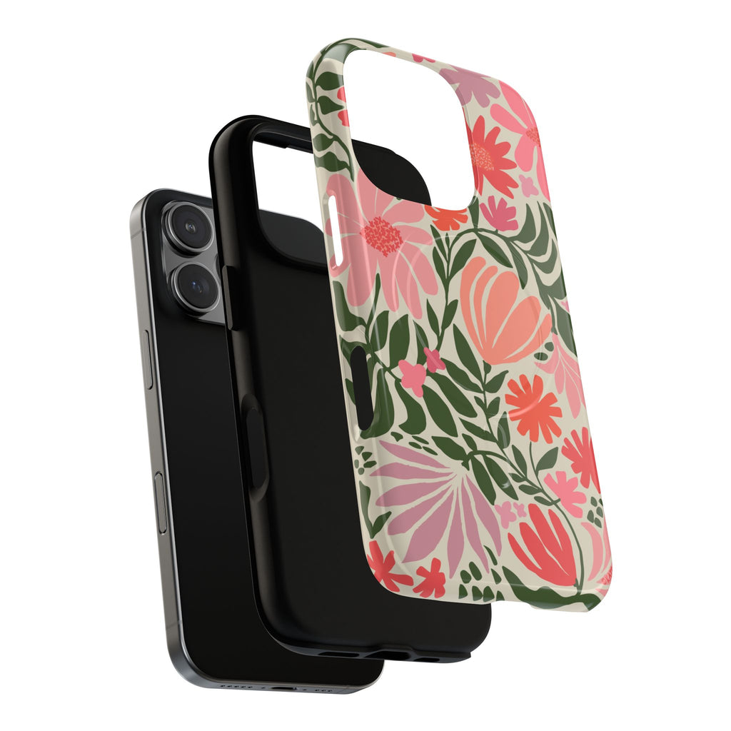 Botanica MagSafe iPhone 16 Pro Max Case – Dual-layered view of case and inner lining in front of phone, with view of camera cutout and buttons | coral, pink, sage green botanical wildflower print