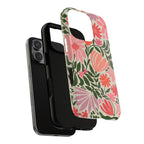 Botanica MagSafe iPhone 16 Pro Max Case – Dual-layered view of case and inner lining in front of phone, with view of camera cutout and buttons | coral, pink, sage green botanical wildflower print
