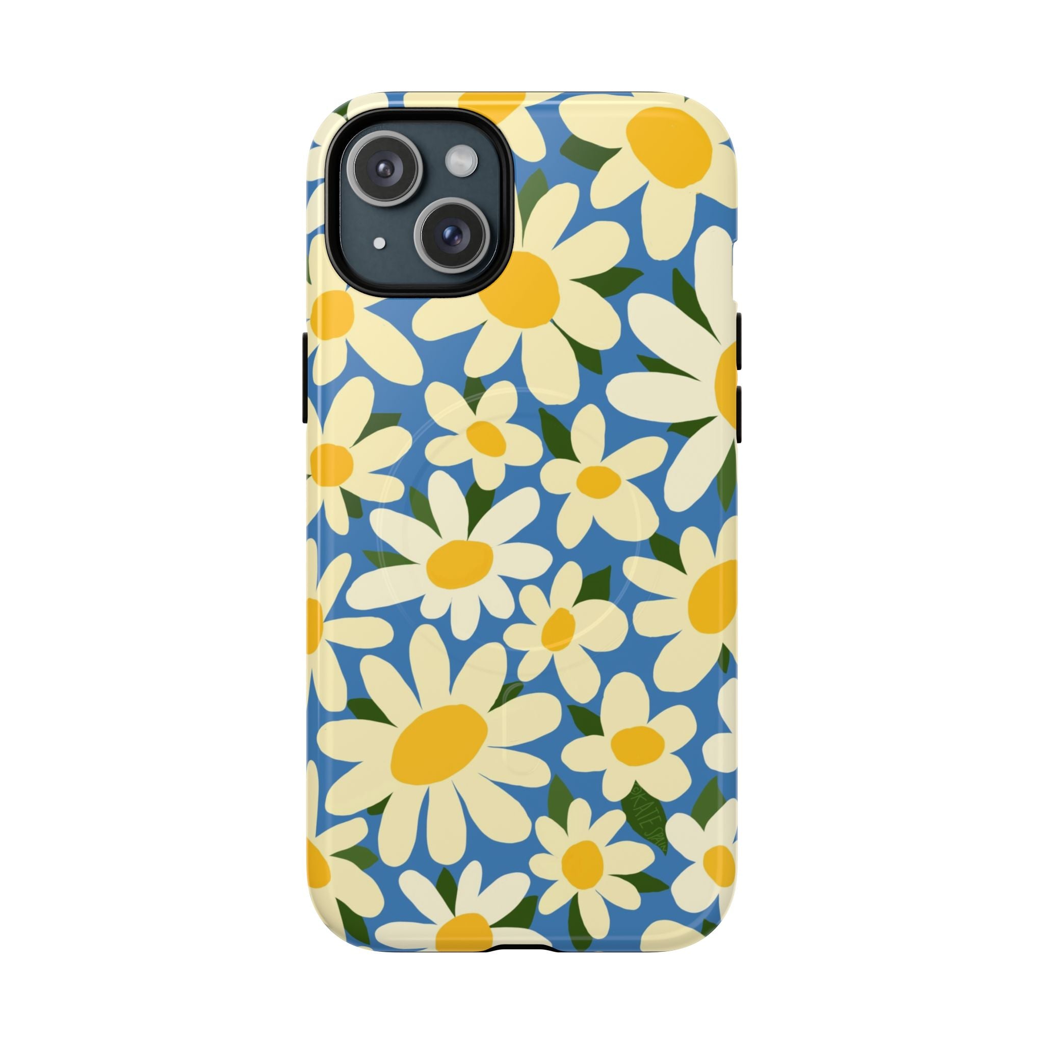 Shasta Daisy MagSafe iPhone 15 Plus Case – Glossy | blue, cream, yellow daisy floral print