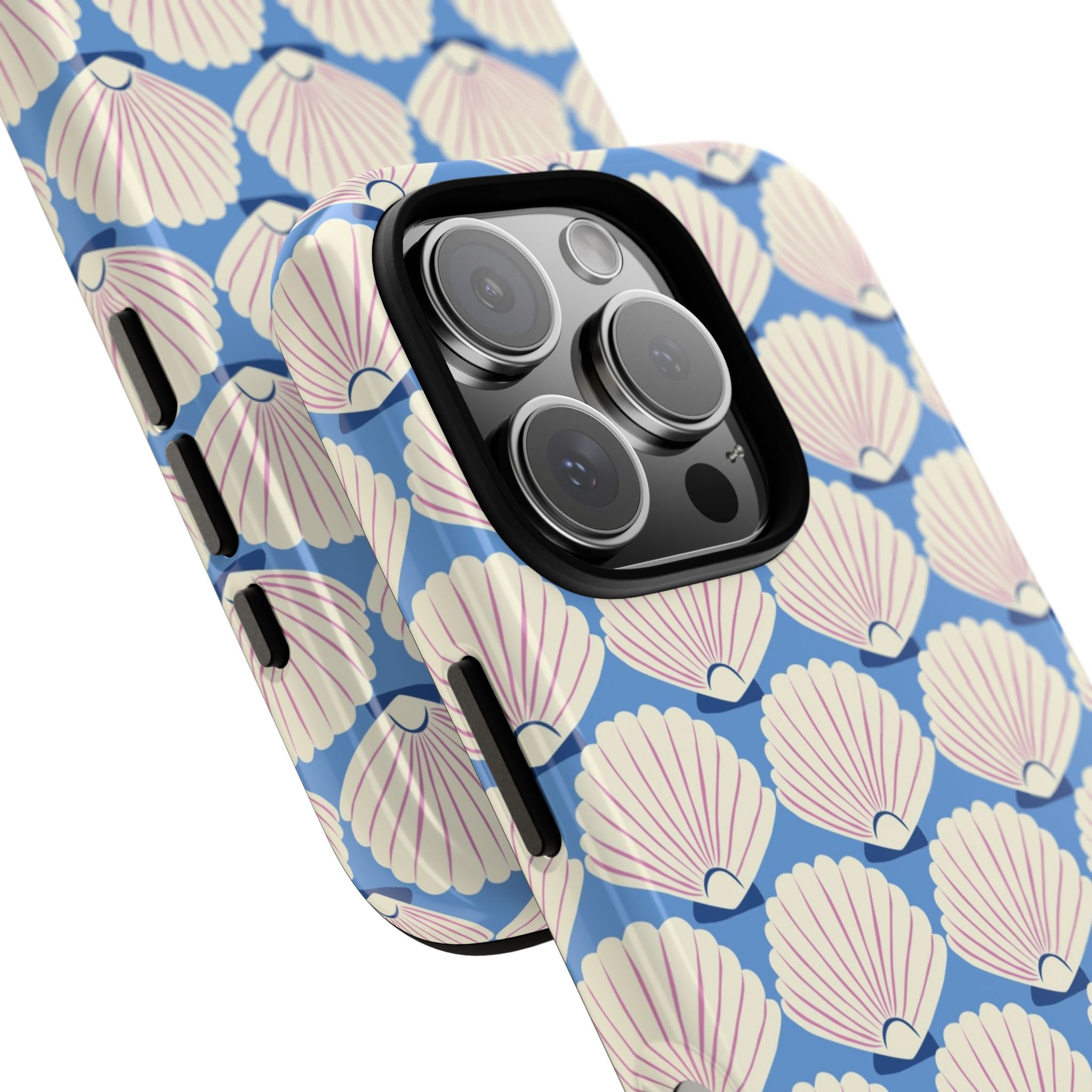 Seashells Tough iPhone 16 Pro Max Case – dual-layer construction detail | periwinkle, cream, blush scallop shell print