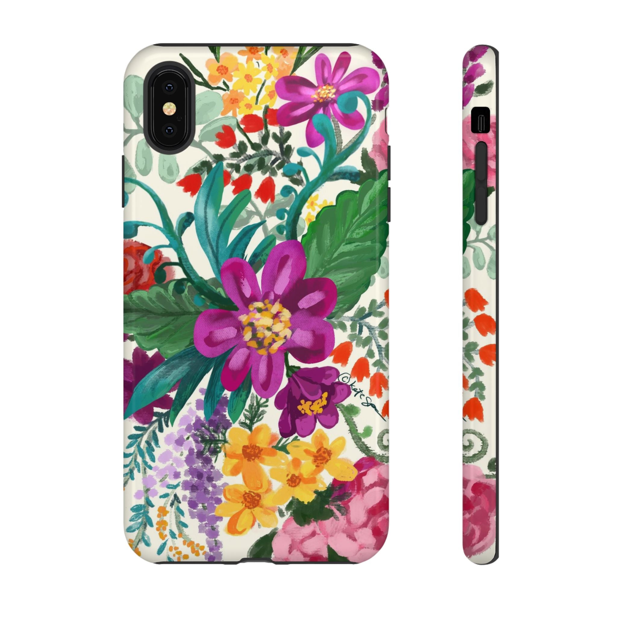 Posy Tough iPhone XS Max Case – Glossy | cream, magenta, coral botanical floral print