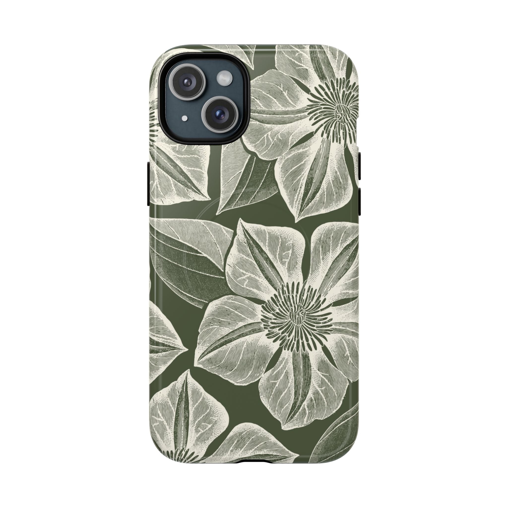 Vintage Bloom Cypress MagSafe iPhone 15 Plus – Glossy | cypress green ground, large-scale white clematis print, engraved petal detail, dual-layer protection