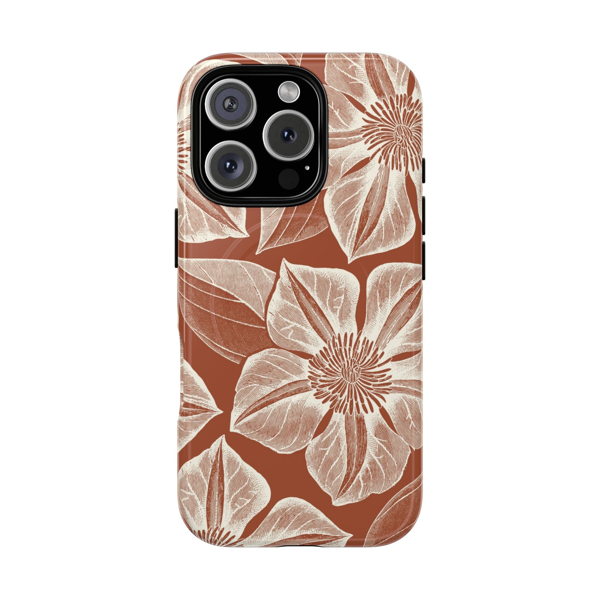 Vintage Bloom Sienna MagSafe iPhone 16 Pro – Glossy | sienna ground, large-scale cream clematis print, engraved petal detail, dual-layer protection