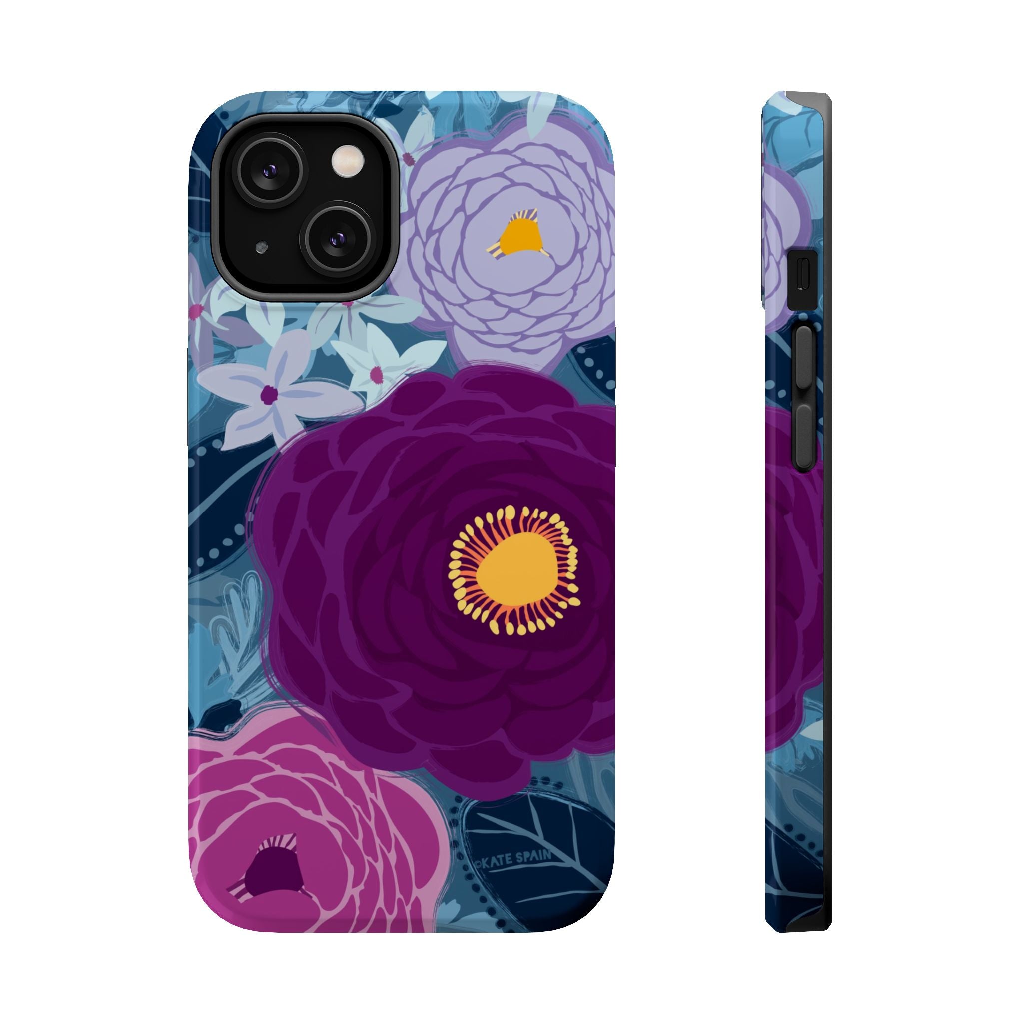 Bloomerie MagSafe iPhone 14 Case – Glossy | navy, purple, magenta botanical peony floral print