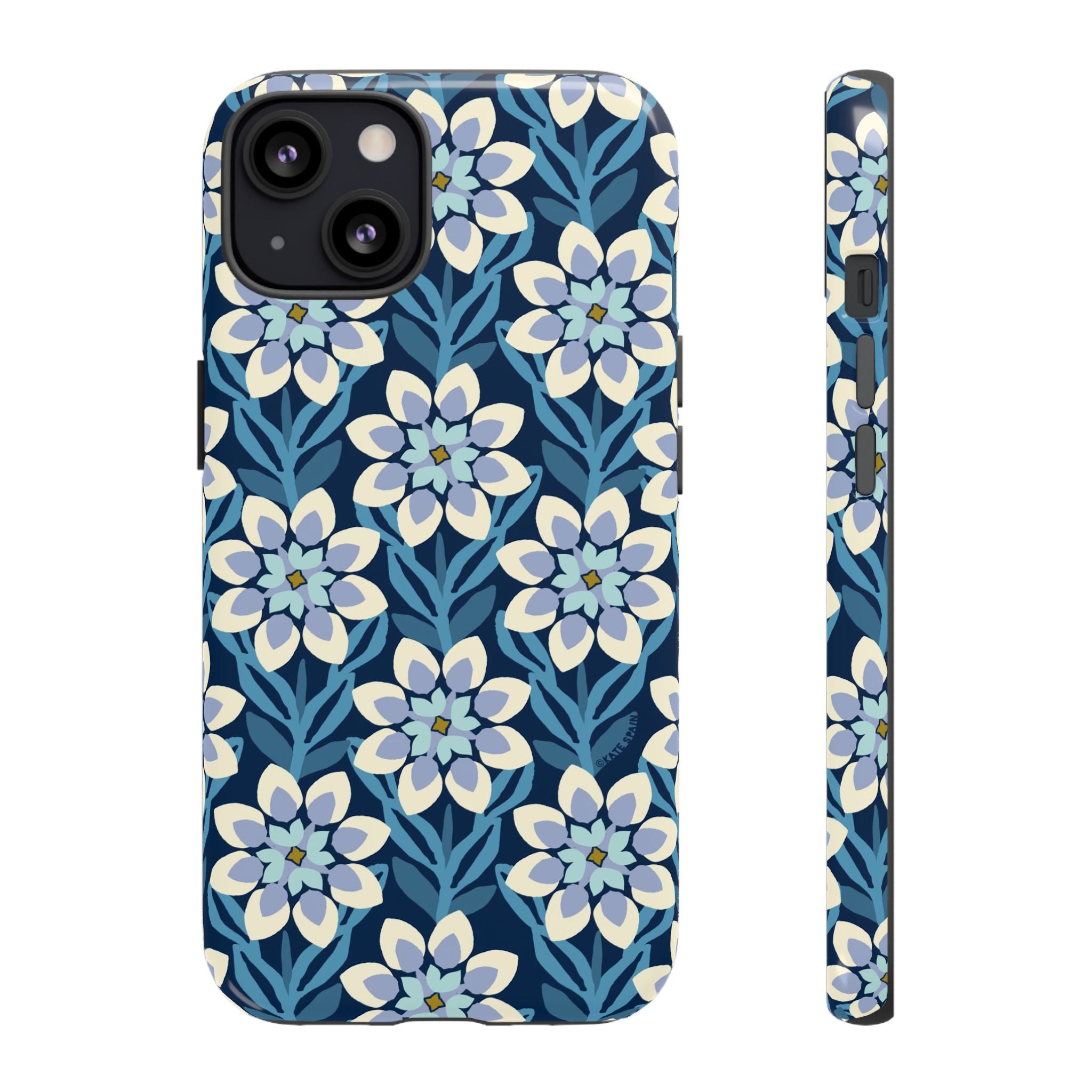 Designer Modern Dahlia Tough iPhone 13 Case – Glossy | navy, cobalt, white dahlia floral print
