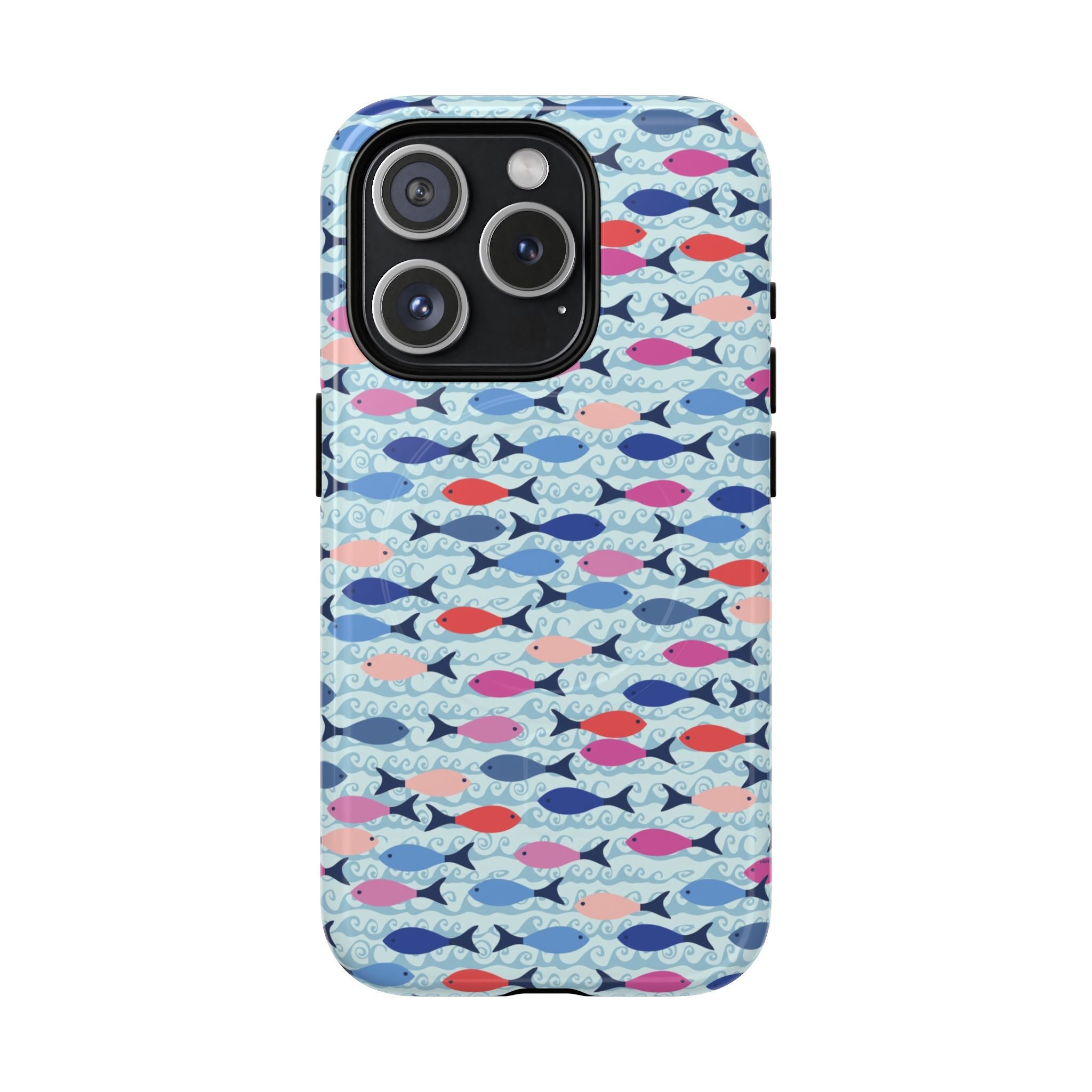 Summer Minnows MagSafe iPhone 15 Pro Case – Glossy | navy, coral, pink, and periwinkle fish on a pale aqua ground
