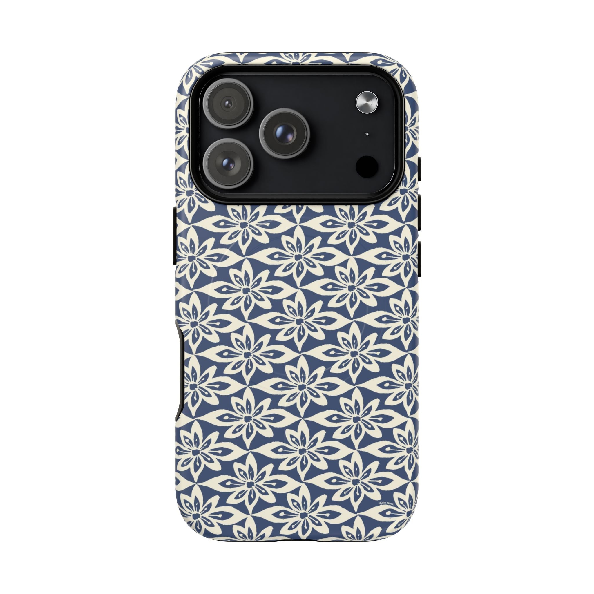 Lily Navy MagSafe iPhone 17 Pro Case – Matte | graphic white lily print on deep navy — botanical MagSafe case by Kate Spain