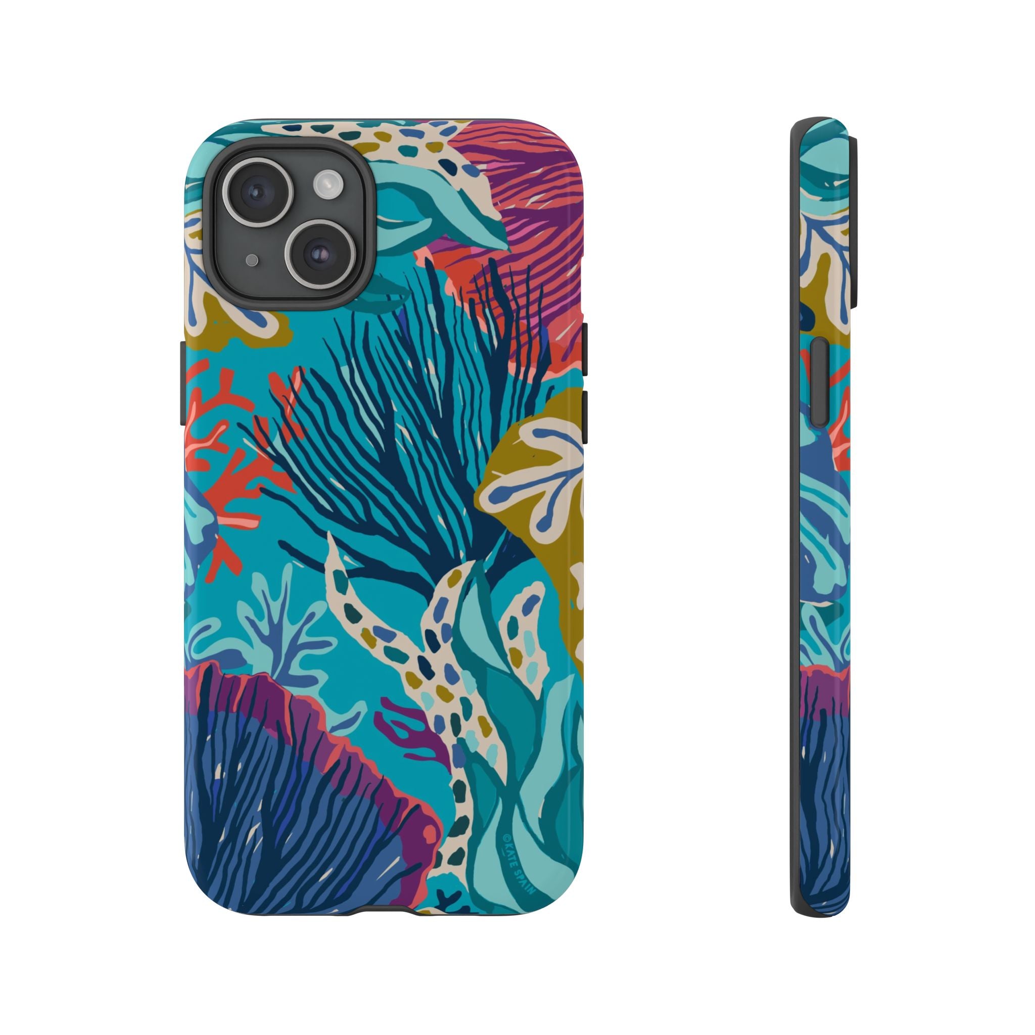 Reef Tough iPhone 15 Plus Case – Glossy | teal, coral, navy, purple botanical coral reef print