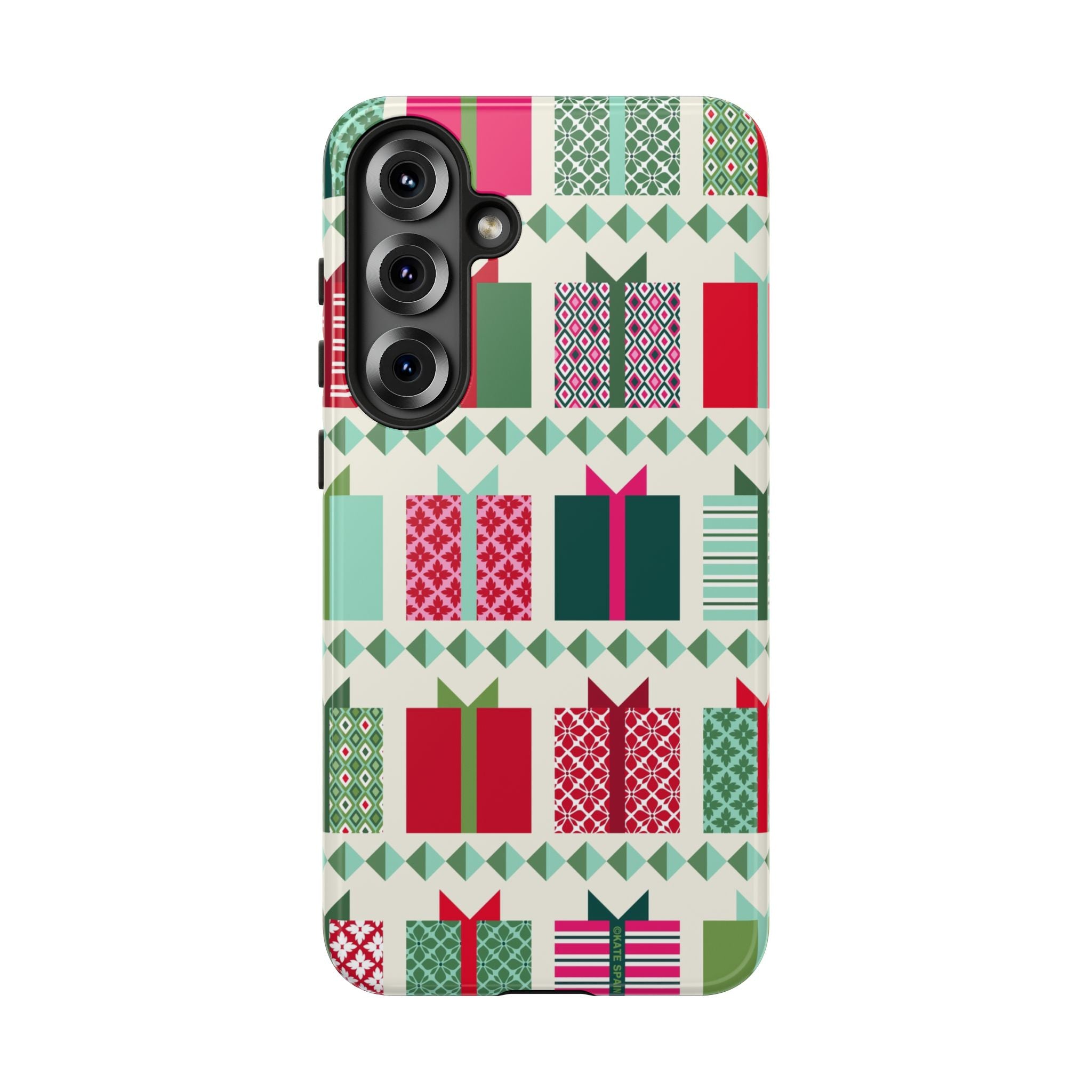 All Wrapped Up Samsung Galaxy S25 Plus Case – Glossy | cream, red, pink, green, mint geometric gift wrap holiday print